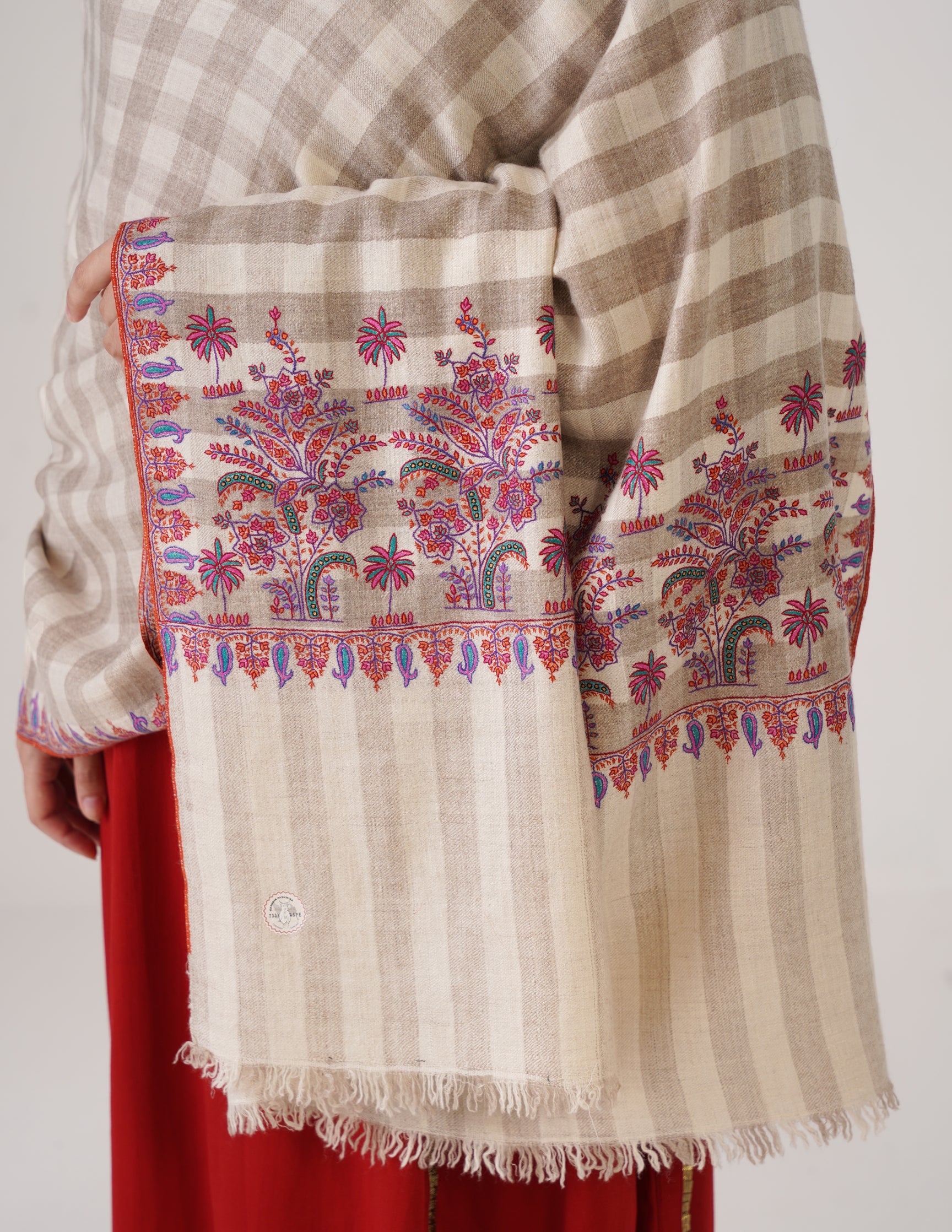 Kashmiri Handwoven Pashmina Striped Sozni Shawl Paldaar – White | Handwoven Heritage - Kashmir Box