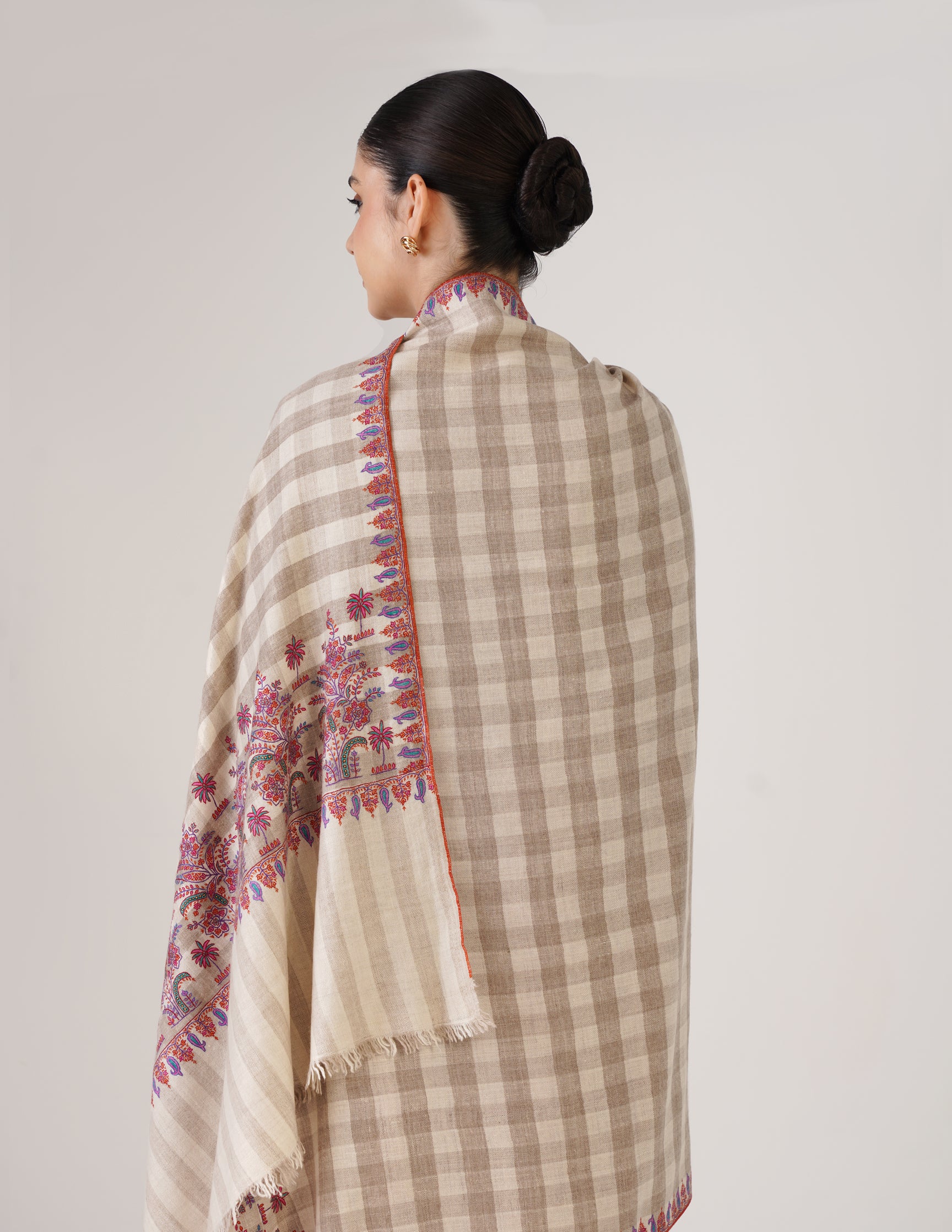 Kashmiri Handwoven Pashmina Striped Sozni Shawl Paldaar – White | Handwoven Heritage - Kashmir Box