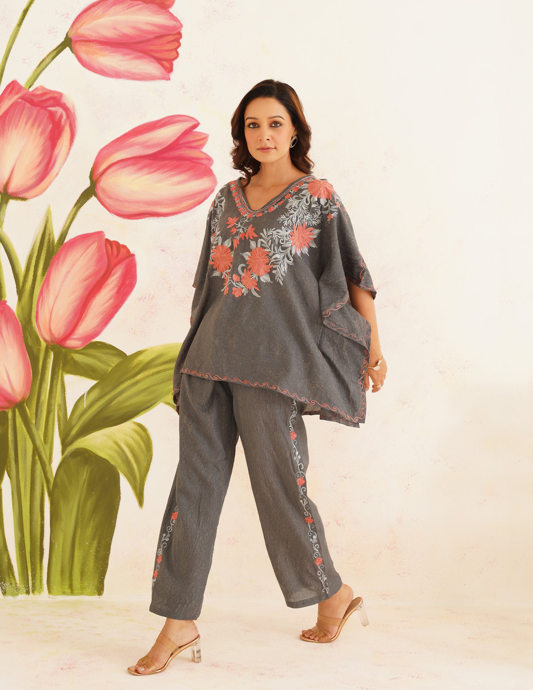 Charcoal Gray Aari Embroidered Cotton Kaftan Set | Comfortable Loose-Fit Coordinated Outfit | Summer Ethnic Wear - Kashmir Box