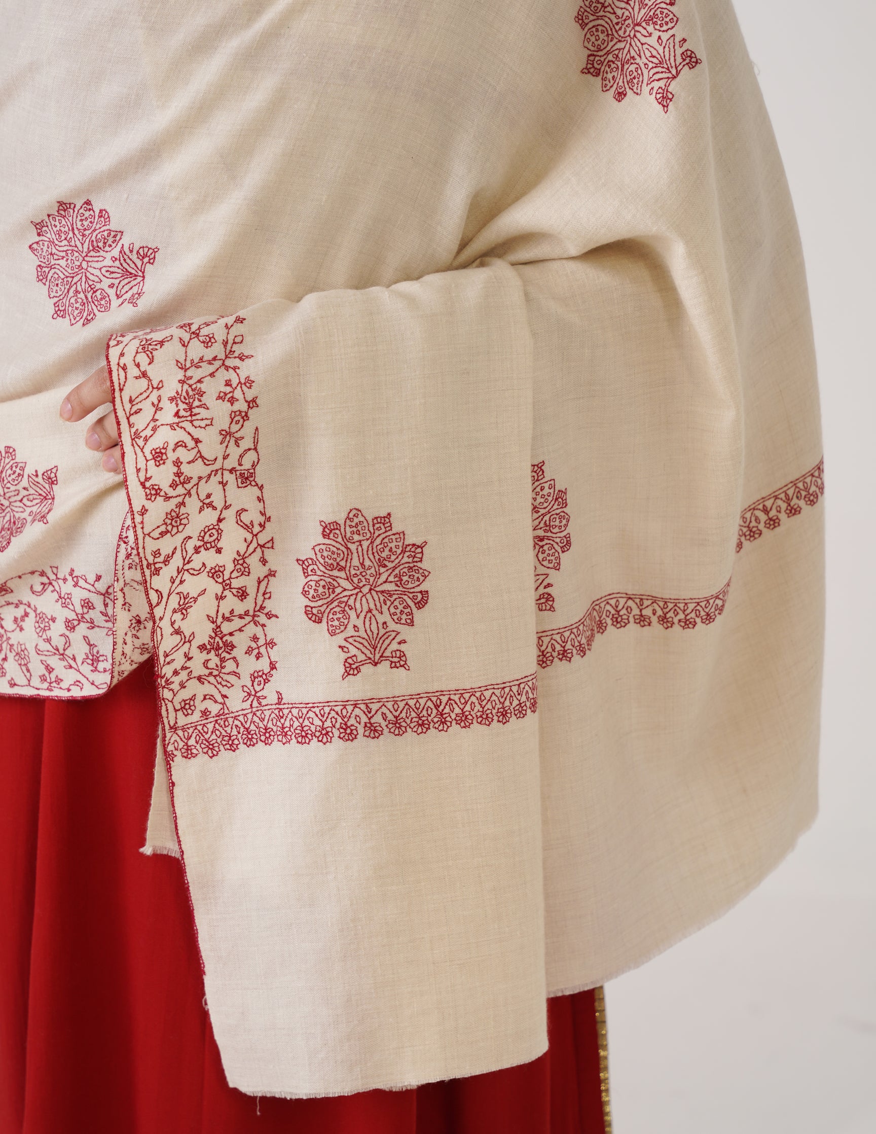 Kashmiri Handwoven Pashmina Sozni Shawl Bootidar – Off White | Maroon Heritage - Kashmir Box