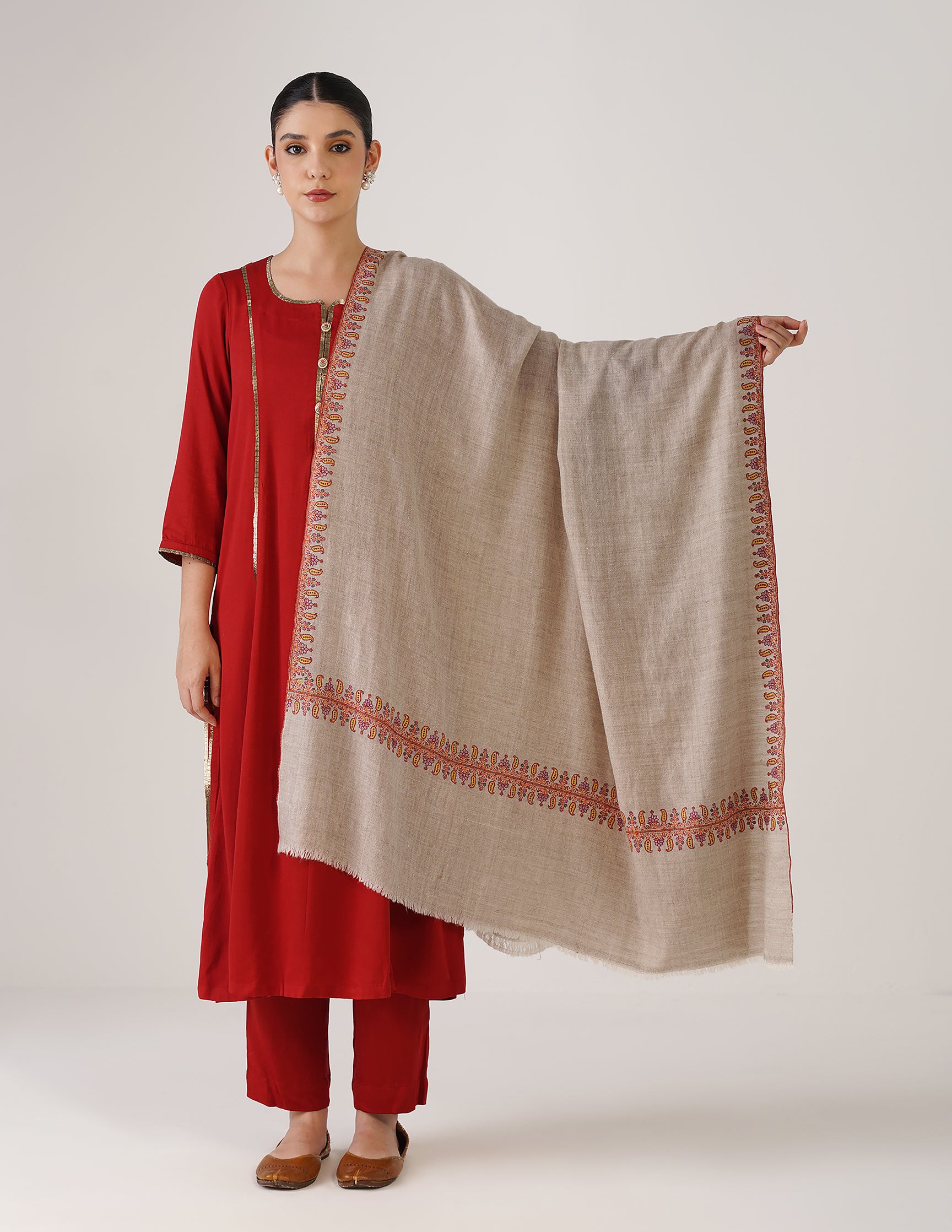 Kashmiri Handwoven Pashmina Sozni Shawl Doredaar – Natural White | Handwoven Heritage - Kashmir Box