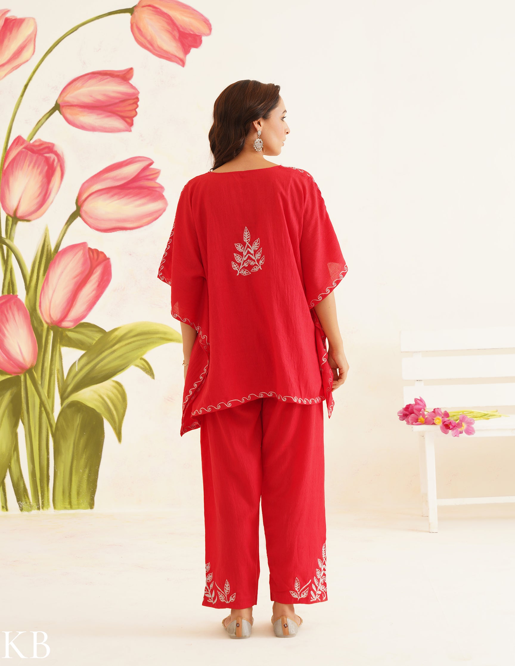 Vibrant Red Zari Embroidered Cotton Kaftan Set | Comfortable Loose-Fit Coordinated Outfit | Summer Ethnic Wear - Kashmir Box