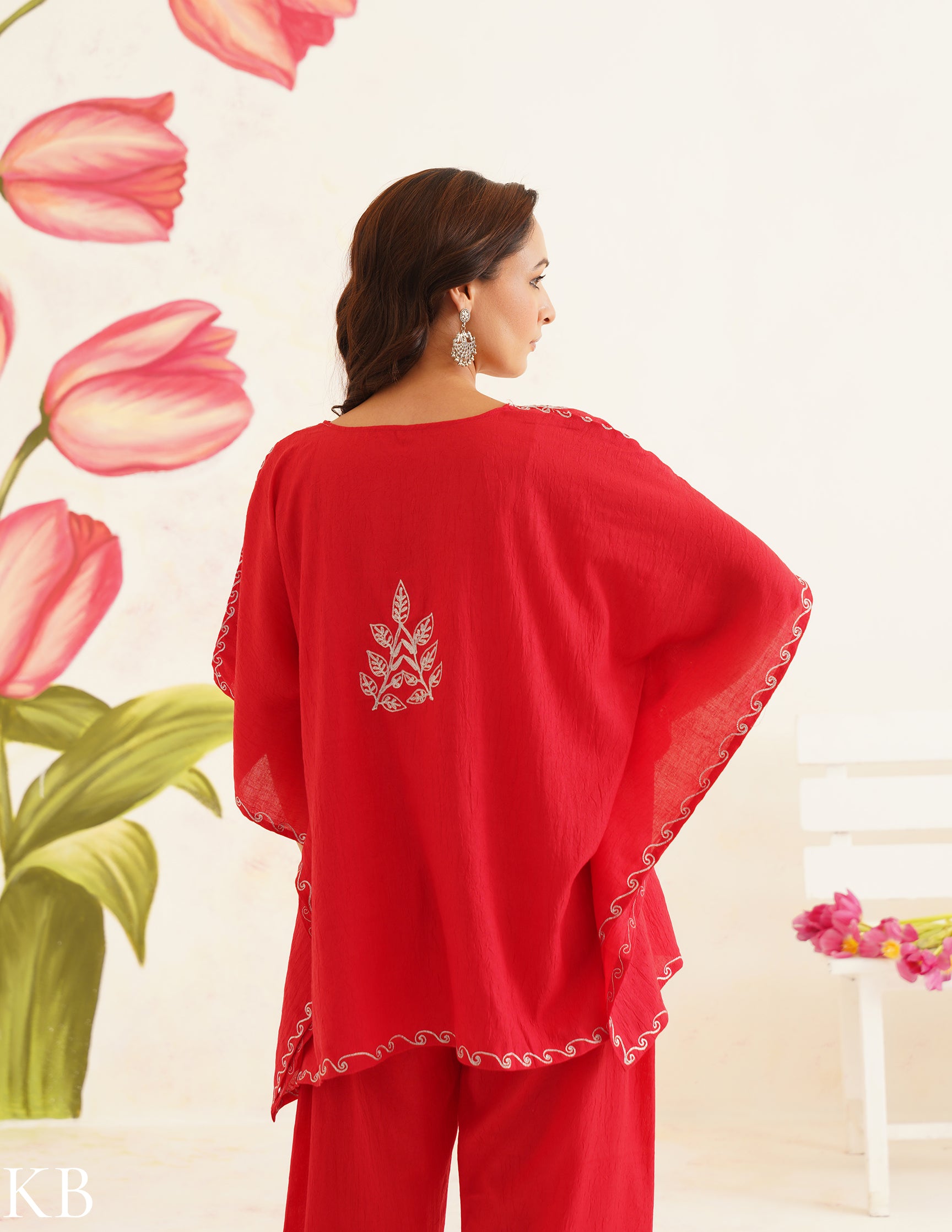 Vibrant Red Zari Embroidered Cotton Kaftan Set | Comfortable Loose-Fit Coordinated Outfit | Summer Ethnic Wear - Kashmir Box