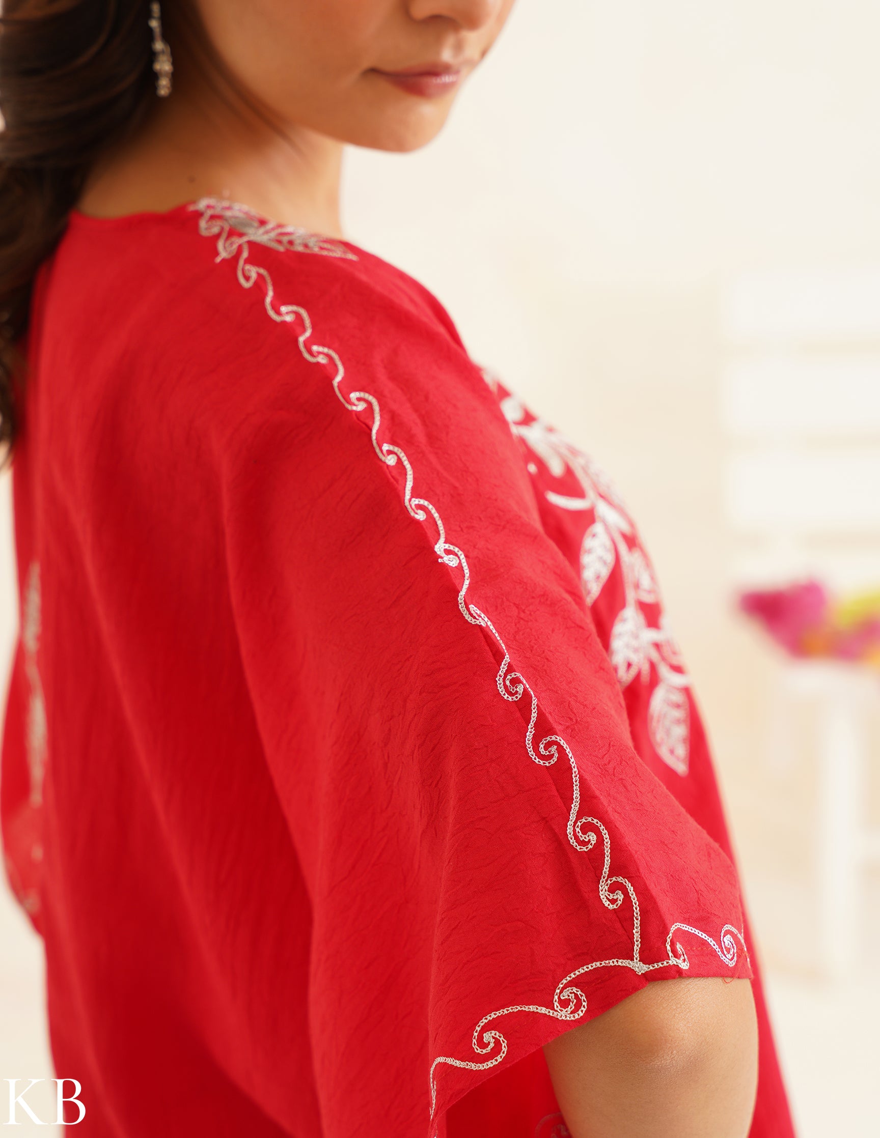 Vibrant Red Zari Embroidered Cotton Kaftan Set | Comfortable Loose-Fit Coordinated Outfit | Summer Ethnic Wear - Kashmir Box