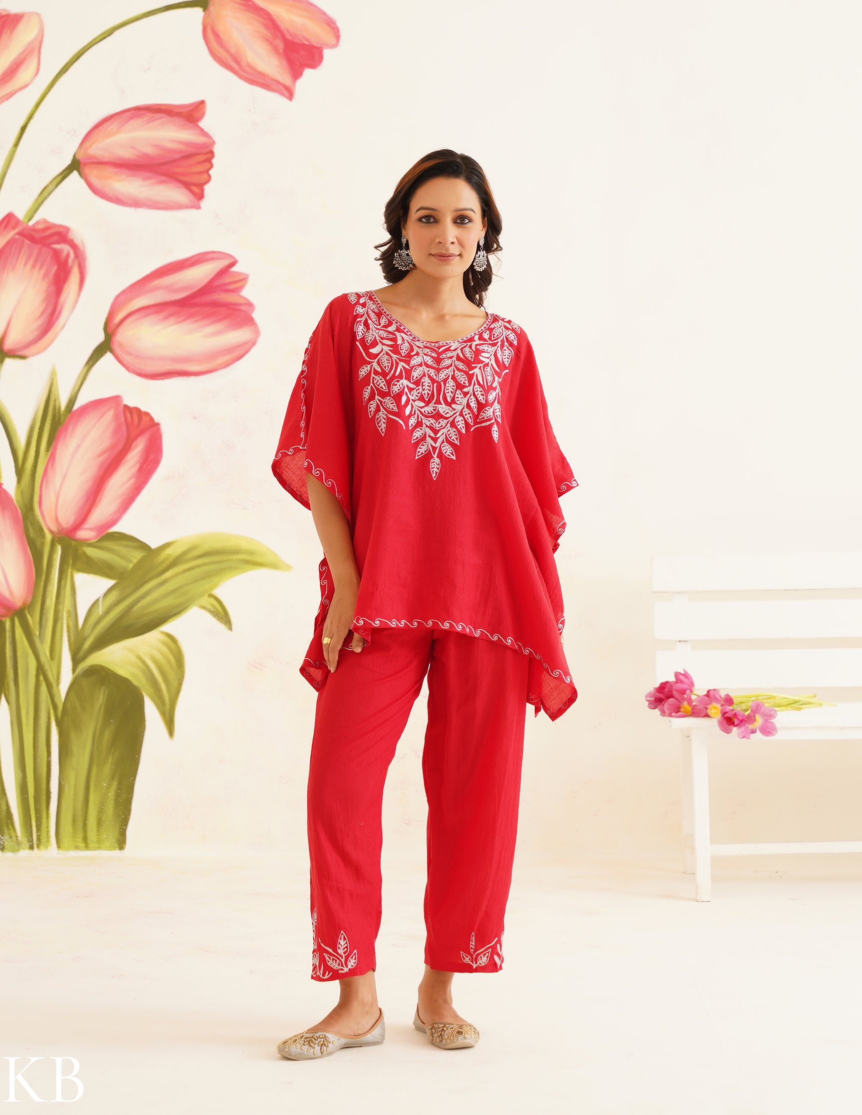 Vibrant Red Zari Embroidered Cotton Kaftan Set | Comfortable Loose-Fit Coordinated Outfit | Summer Ethnic Wear - Kashmir Box