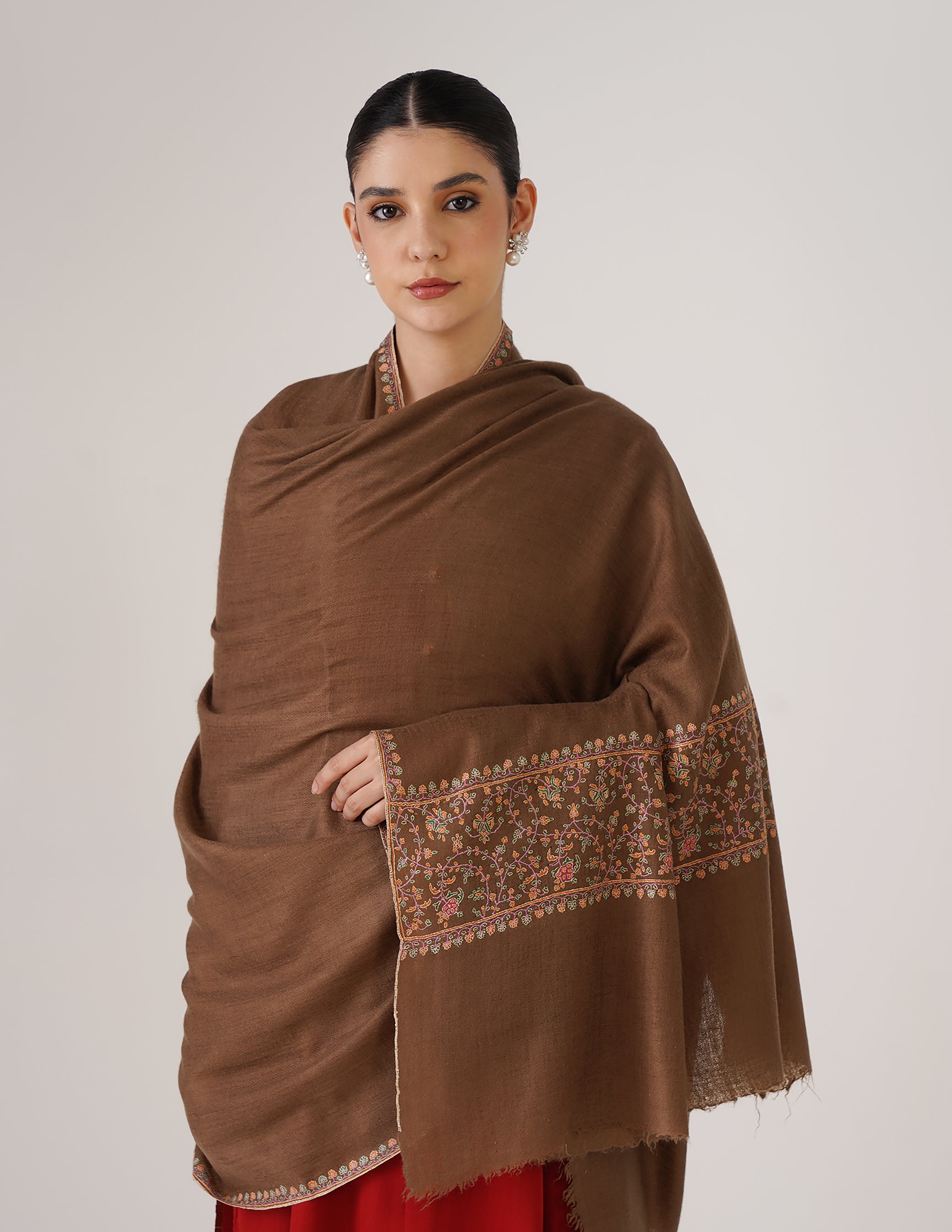 Kashmiri Handwoven Pashmina Sozni Shawl Paldaar – Natural Brown | Handwoven Heritage - Kashmir Box