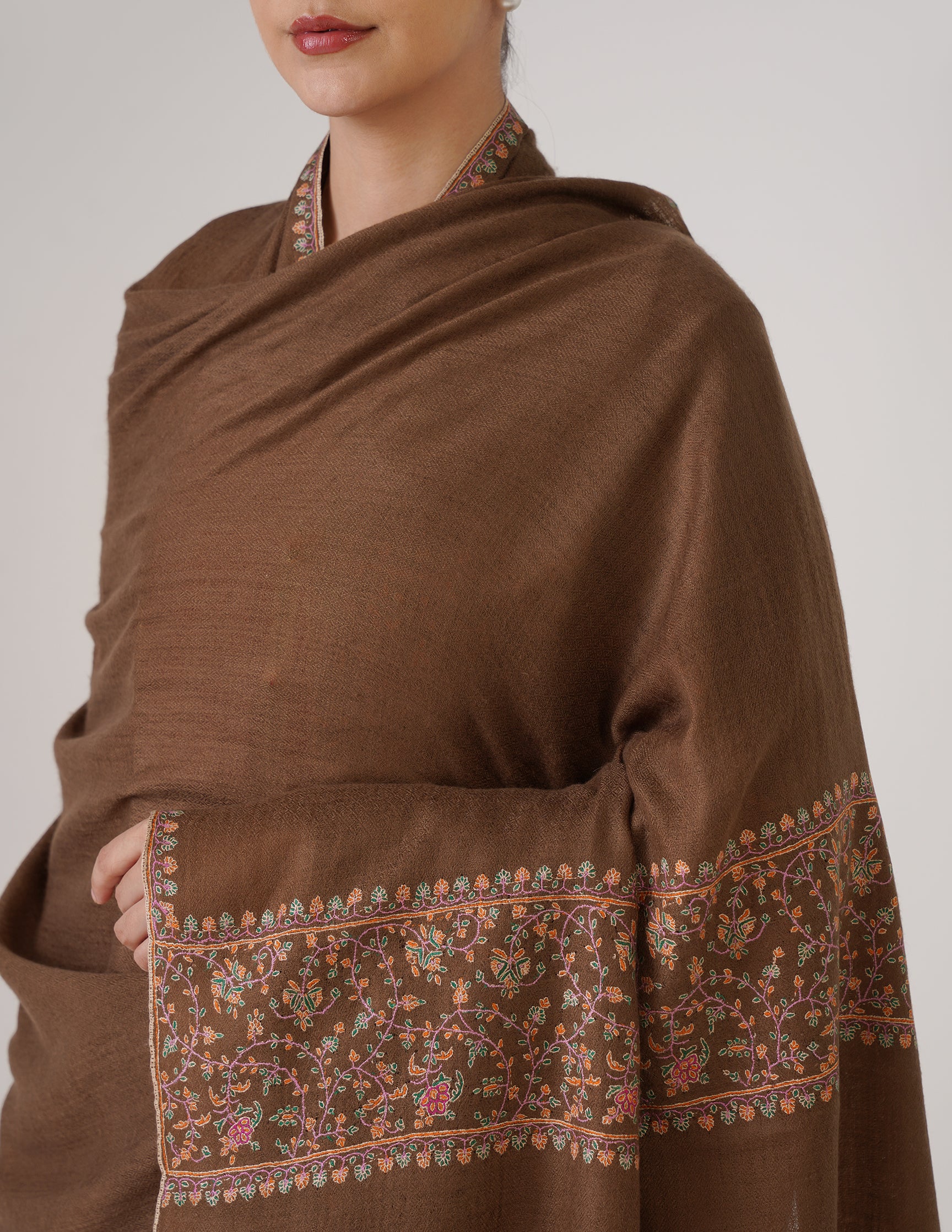 Kashmiri Handwoven Pashmina Sozni Shawl Paldaar – Natural Brown | Handwoven Heritage - Kashmir Box