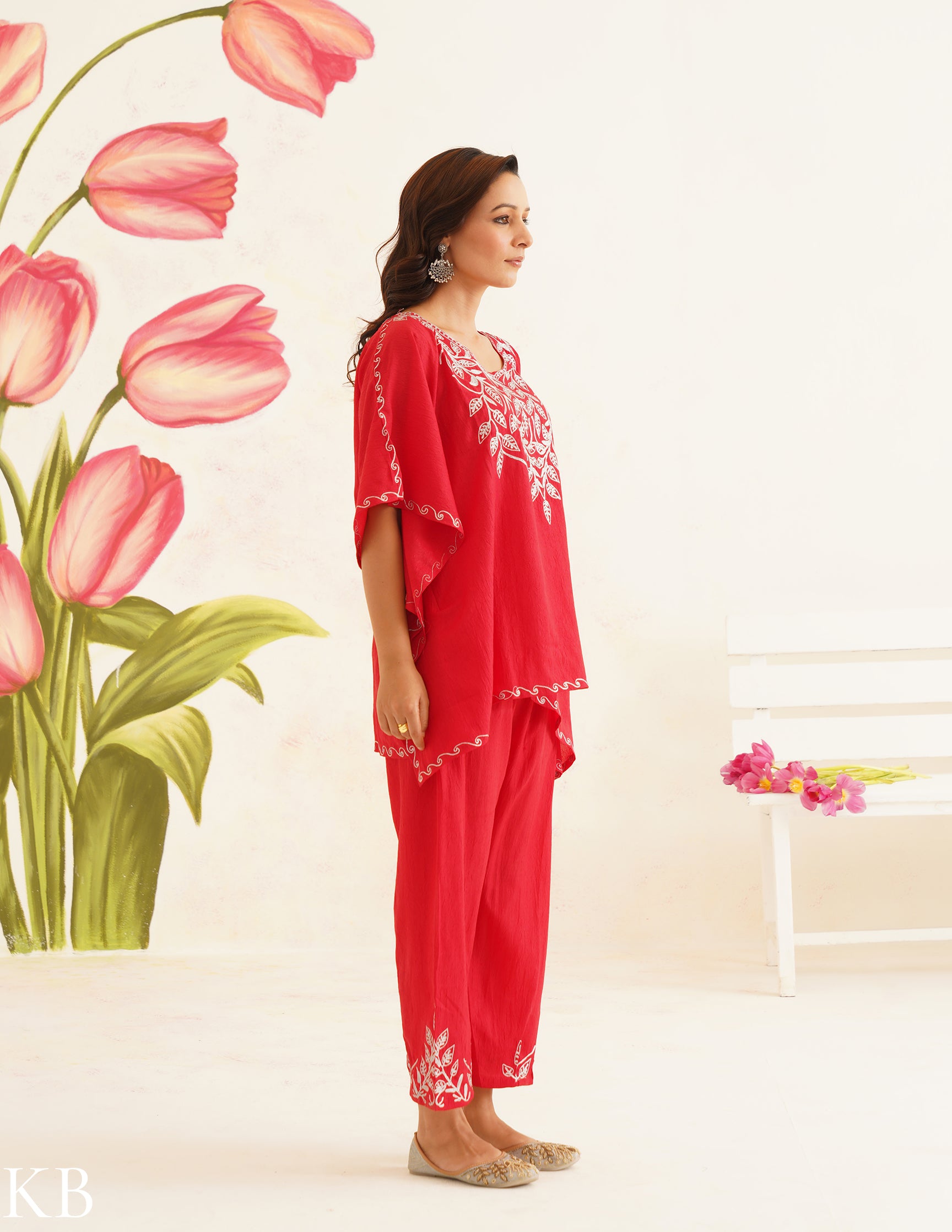 Vibrant Red Zari Embroidered Cotton Kaftan Set | Comfortable Loose-Fit Coordinated Outfit | Summer Ethnic Wear - Kashmir Box