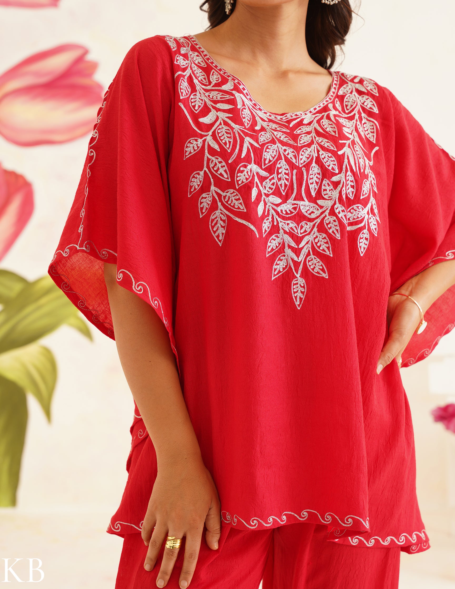 Vibrant Red Zari Embroidered Cotton Kaftan Set | Comfortable Loose-Fit Coordinated Outfit | Summer Ethnic Wear - Kashmir Box