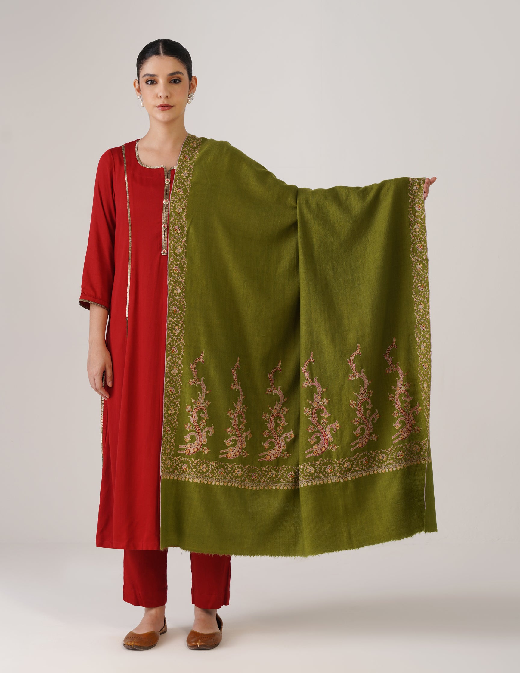 Kashmiri Handwoven Pashmina Sozni Shawl Paldaar – Mehendi Green | Handwoven Heritage - Kashmir Box