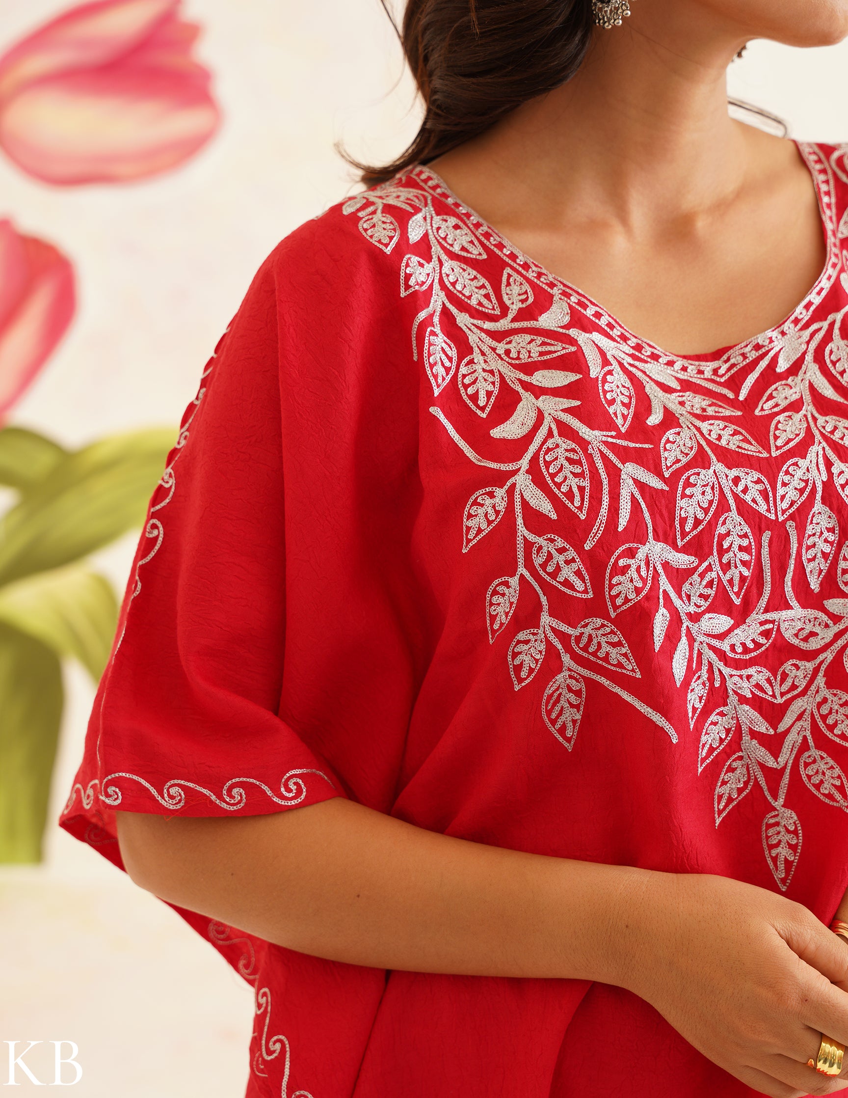 Vibrant Red Zari Embroidered Cotton Kaftan Set | Comfortable Loose-Fit Coordinated Outfit | Summer Ethnic Wear - Kashmir Box