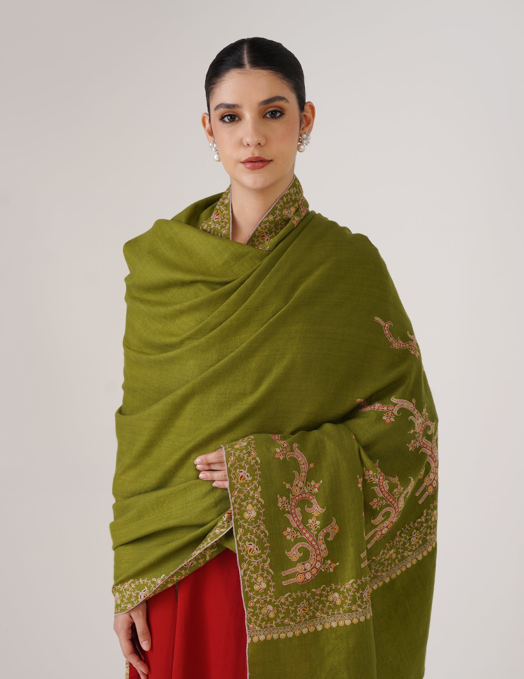 Kashmiri Handwoven Pashmina Sozni Shawl Paldaar – Mehendi Green | Handwoven Heritage - Kashmir Box