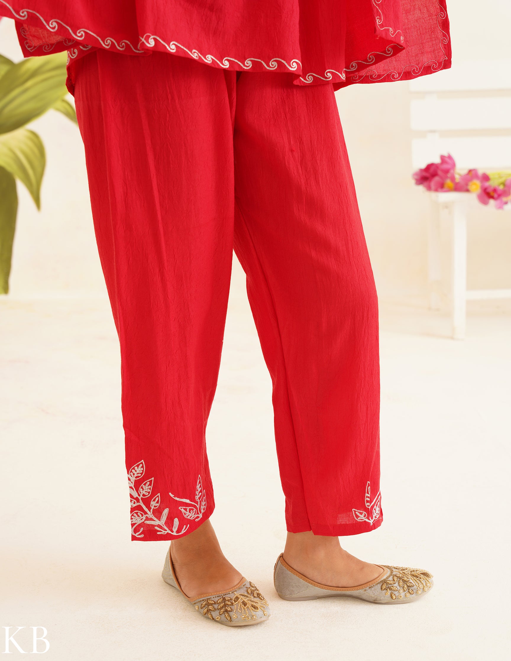 Vibrant Red Zari Embroidered Cotton Kaftan Set | Comfortable Loose-Fit Coordinated Outfit | Summer Ethnic Wear - Kashmir Box