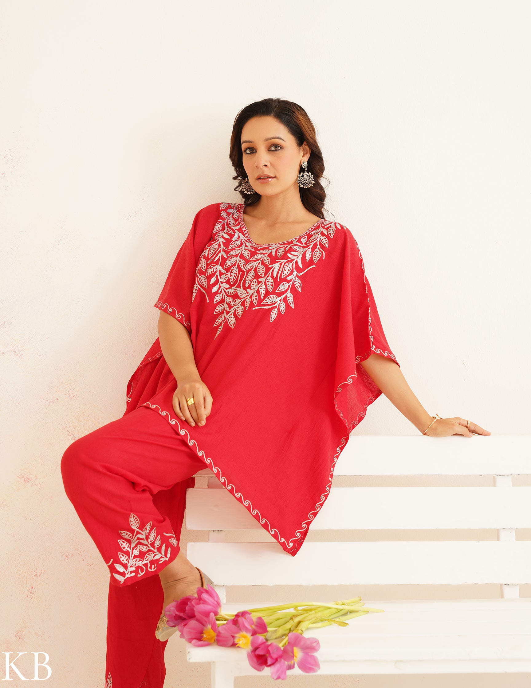 Vibrant Red Zari Embroidered Cotton Kaftan Set | Comfortable Loose-Fit Coordinated Outfit | Summer Ethnic Wear - Kashmir Box