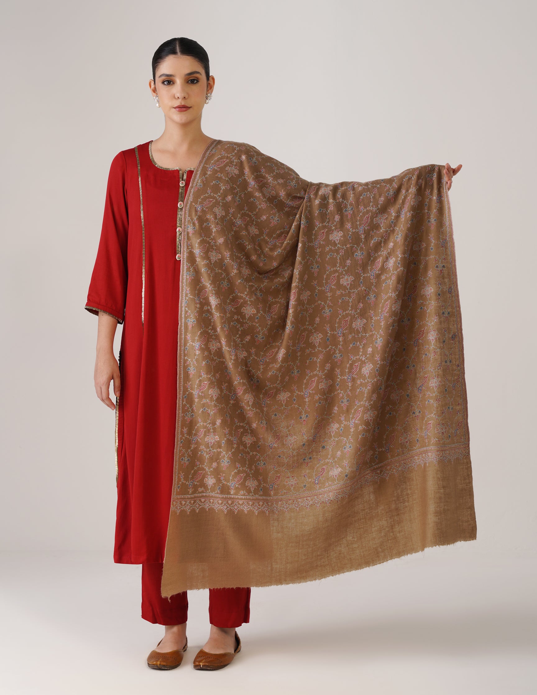 Kashmiri Handwoven Pashmina Sozni Shawl Jaalidar – Tan | Handwoven Heritage - Kashmir Box