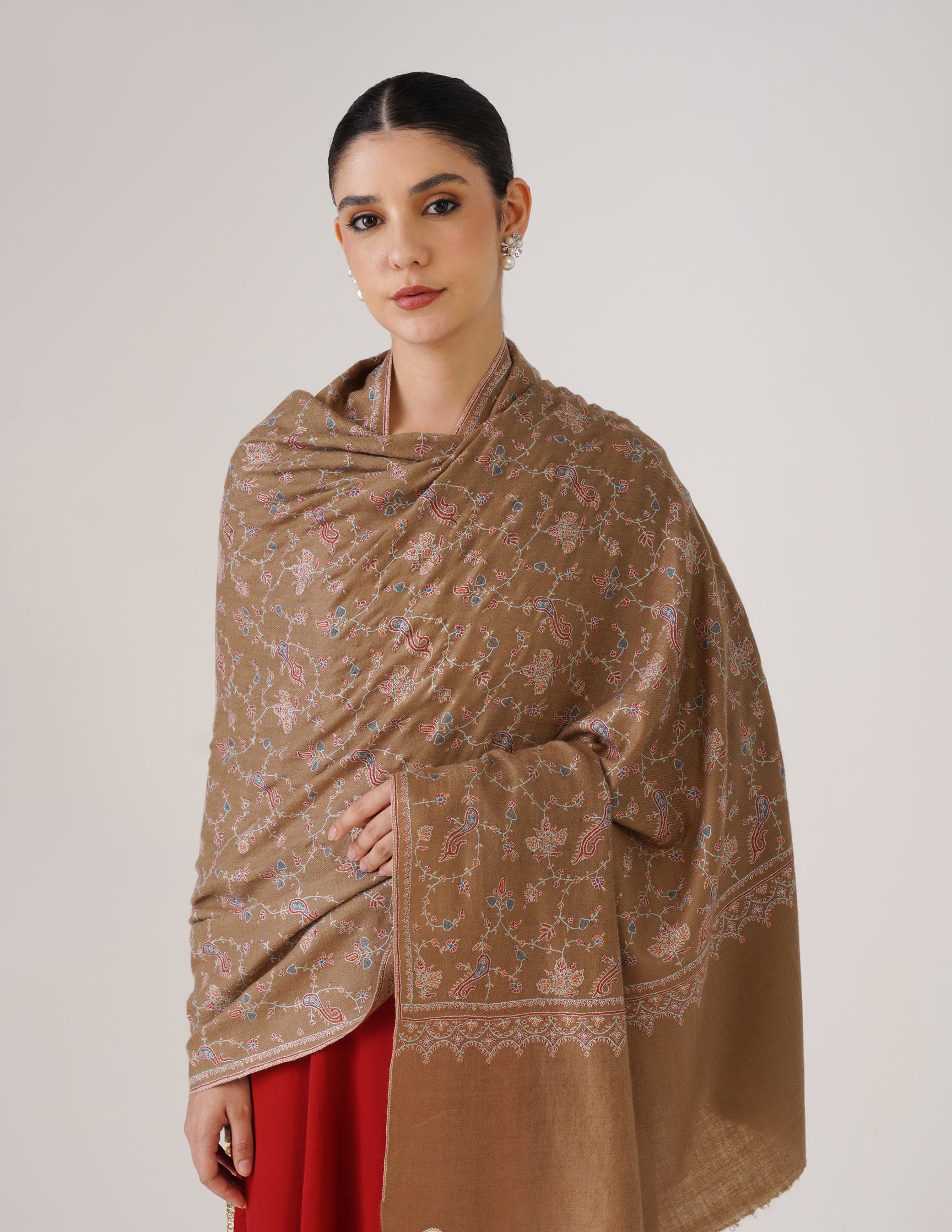 Kashmiri Handwoven Pashmina Sozni Shawl Jaalidar – Tan | Handwoven Heritage - Kashmir Box