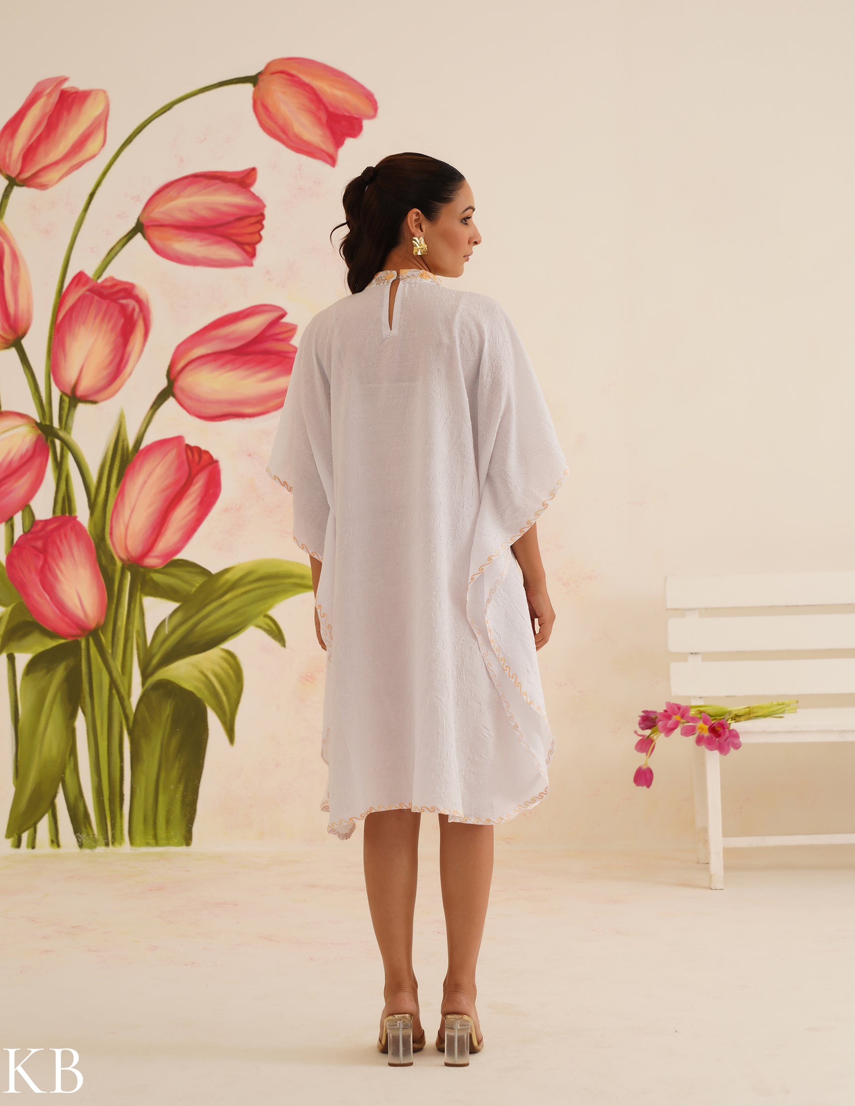 Pure White Aari Embroidered Cotton Kaftan Dress | Comfortable Loose-Fit Summer Dress | Elegant Ethnic Wear - Kashmir Box