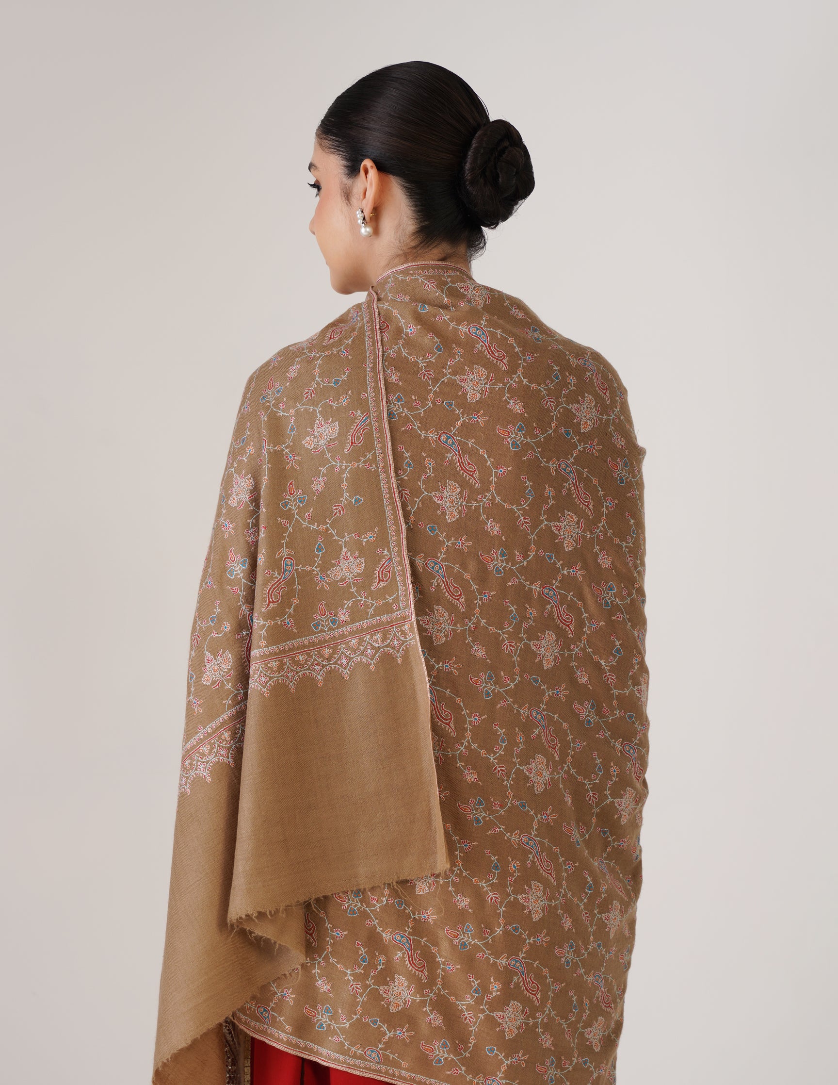 Kashmiri Handwoven Pashmina Sozni Shawl Jaalidar – Tan | Handwoven Heritage - Kashmir Box