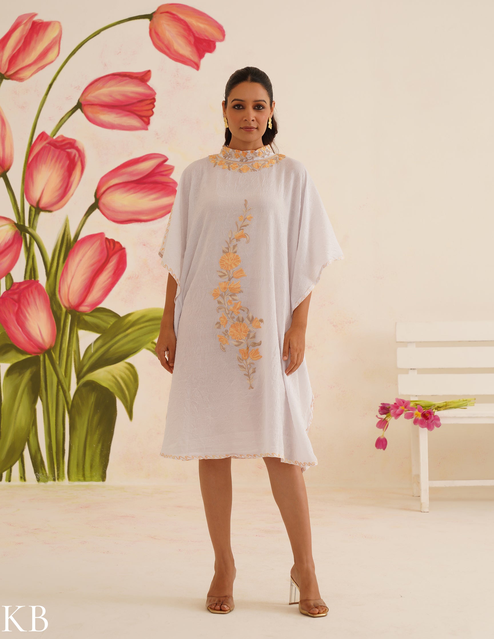 Pure White Aari Embroidered Cotton Kaftan Dress | Comfortable Loose-Fit Summer Dress | Elegant Ethnic Wear - Kashmir Box