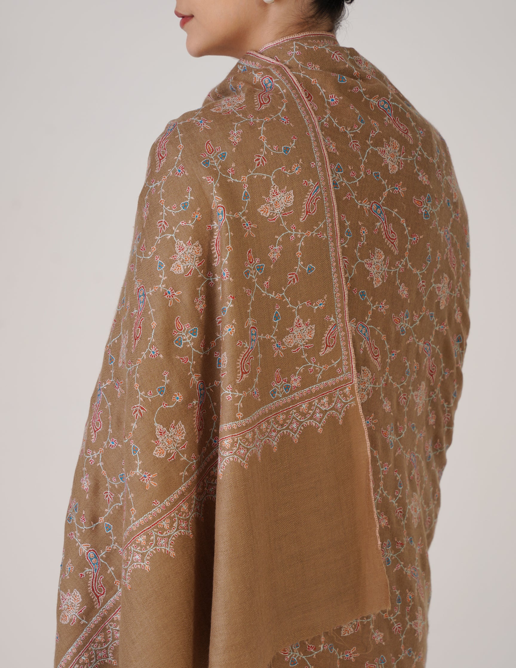 Kashmiri Handwoven Pashmina Sozni Shawl Jaalidar – Tan | Handwoven Heritage - Kashmir Box