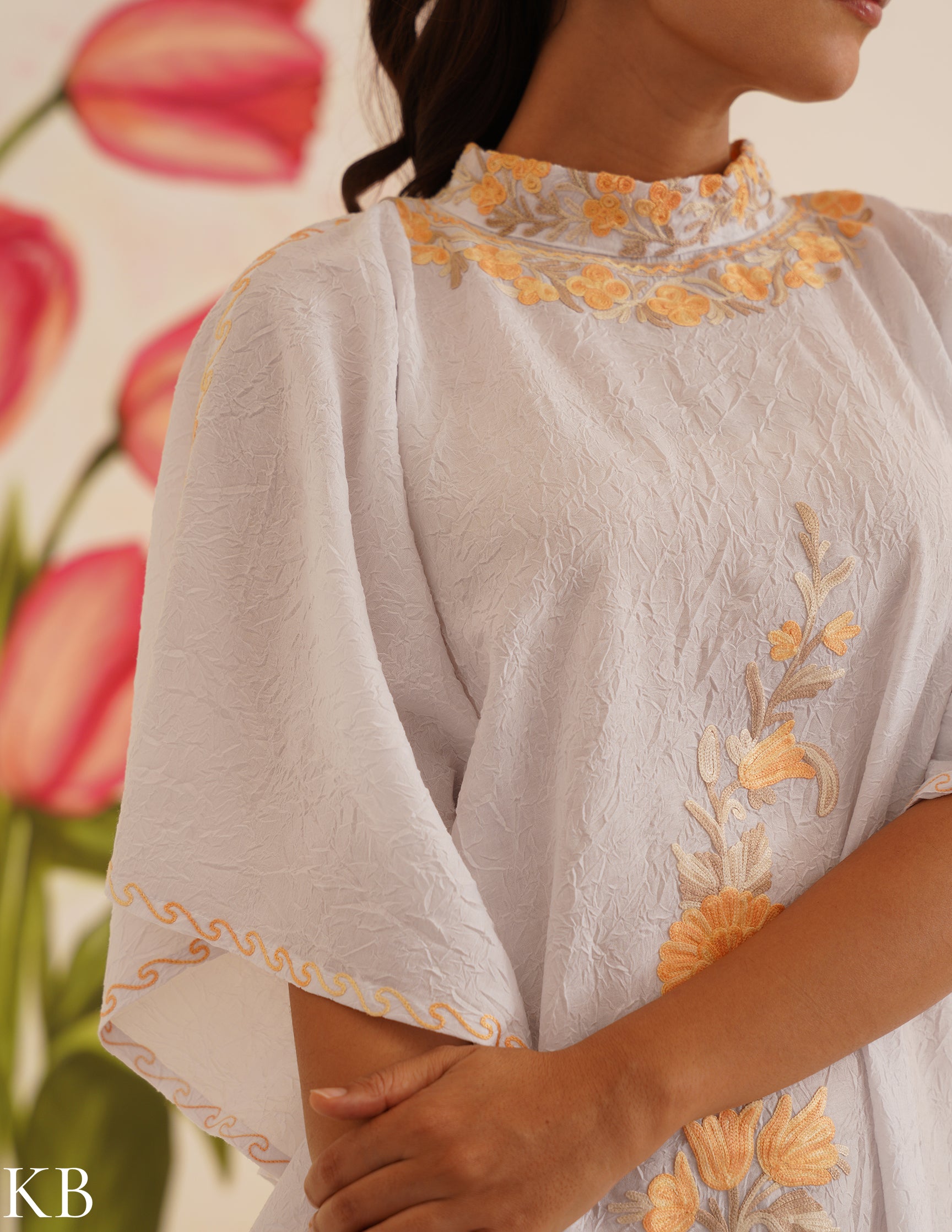Pure White Aari Embroidered Cotton Kaftan Dress | Comfortable Loose-Fit Summer Dress | Elegant Ethnic Wear - Kashmir Box