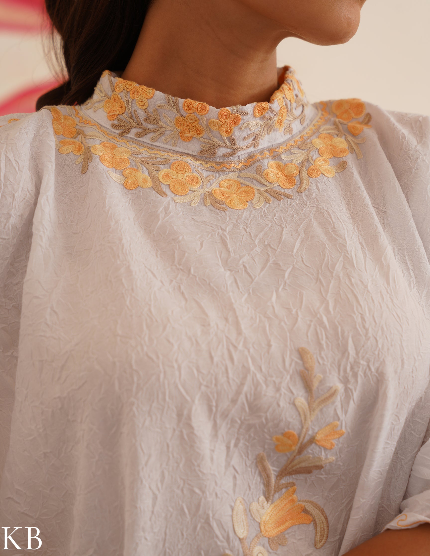 Pure White Aari Embroidered Cotton Kaftan Dress | Comfortable Loose-Fit Summer Dress | Elegant Ethnic Wear - Kashmir Box
