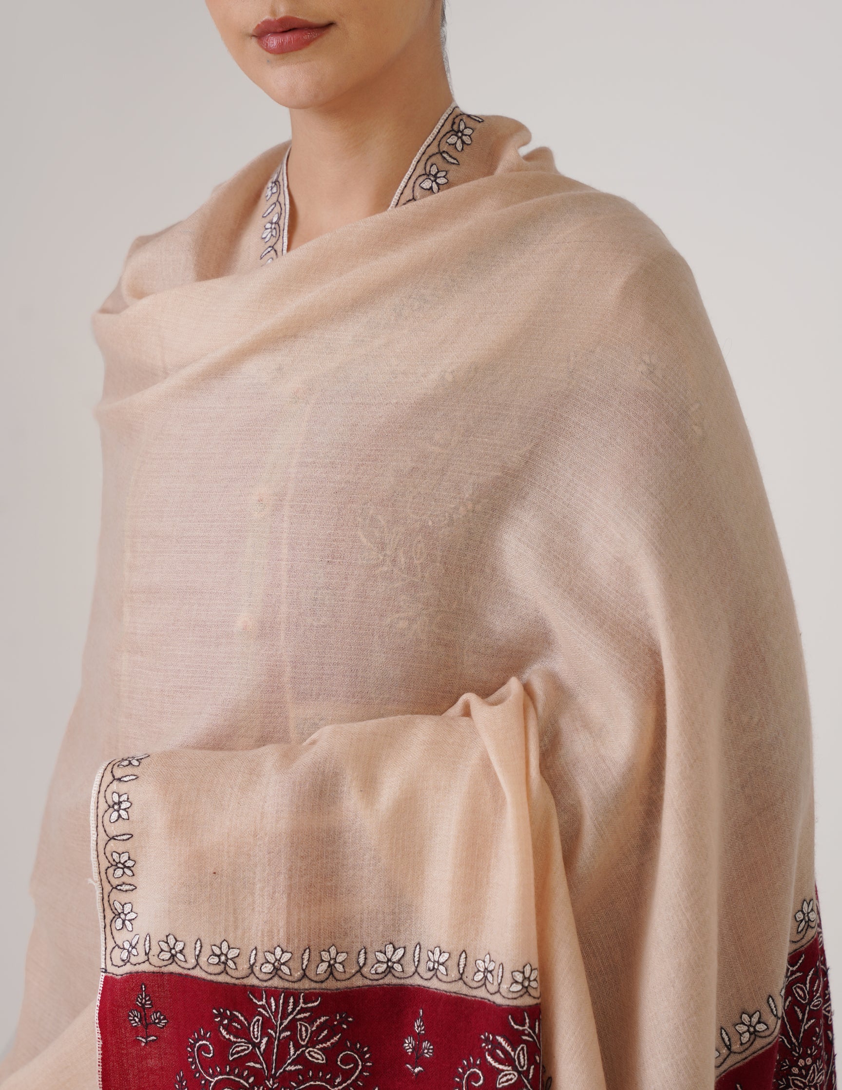 Kashmiri Handwoven Pashmina Sozni Shawl Modern Design – Almond | White & Black Heritage - Kashmir Box