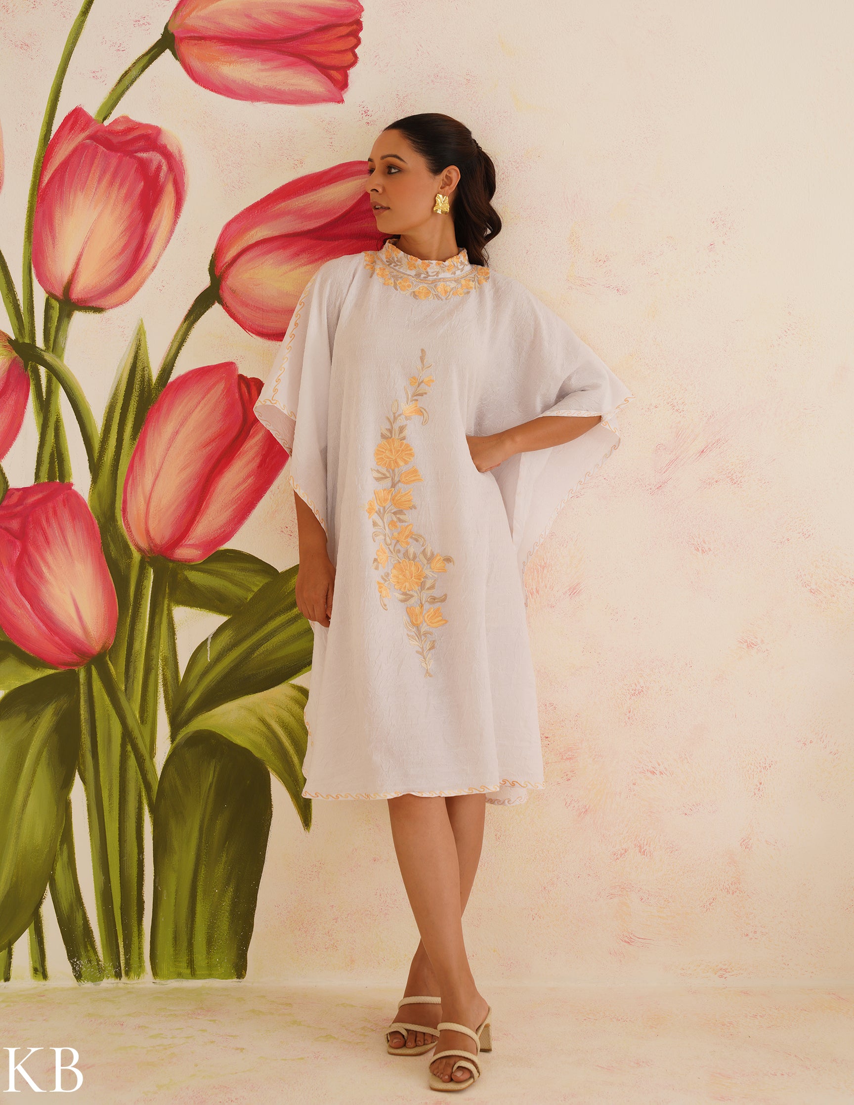 Pure White Aari Embroidered Cotton Kaftan Dress | Comfortable Loose-Fit Summer Dress | Elegant Ethnic Wear - Kashmir Box