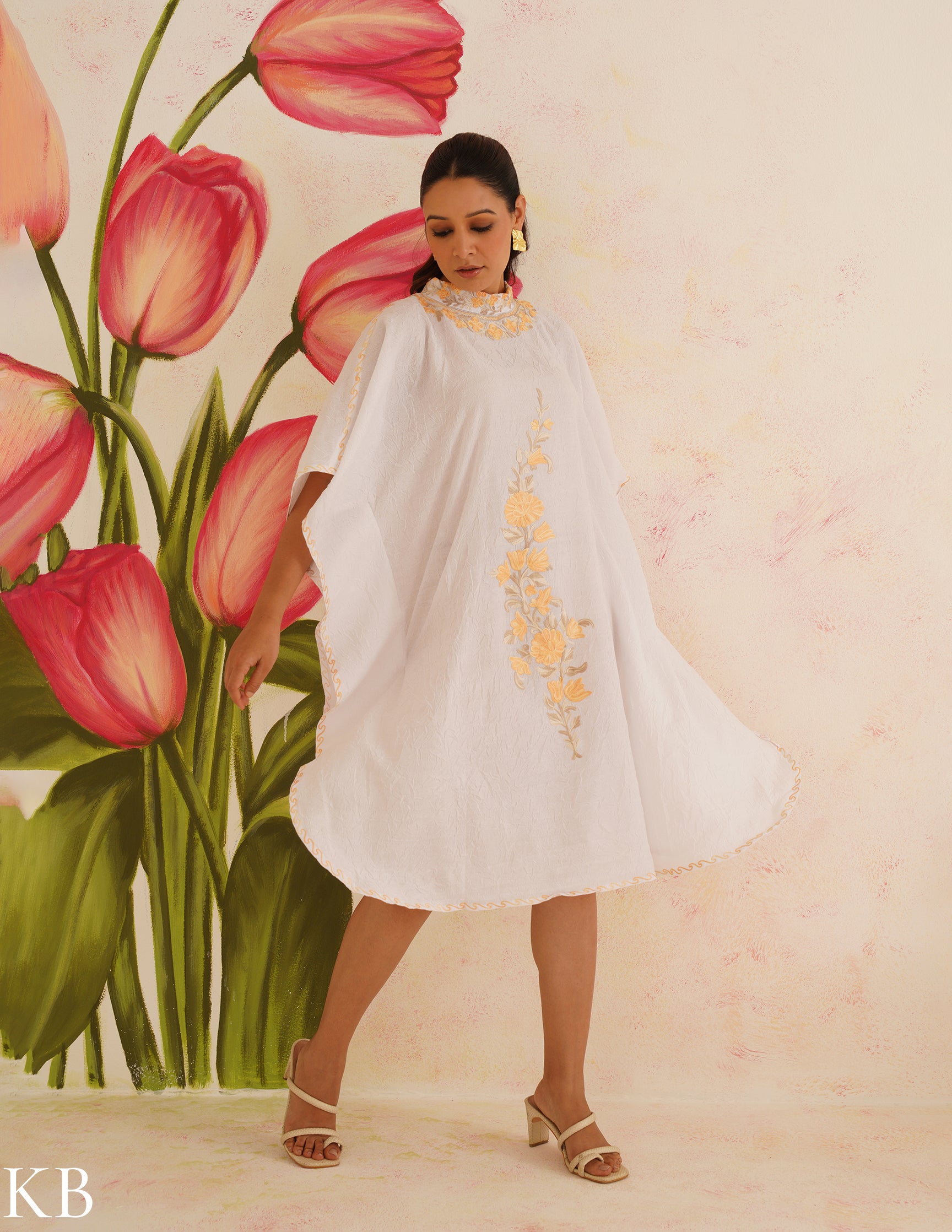 Pure White Aari Embroidered Cotton Kaftan Dress | Comfortable Loose-Fit Summer Dress | Elegant Ethnic Wear - Kashmir Box