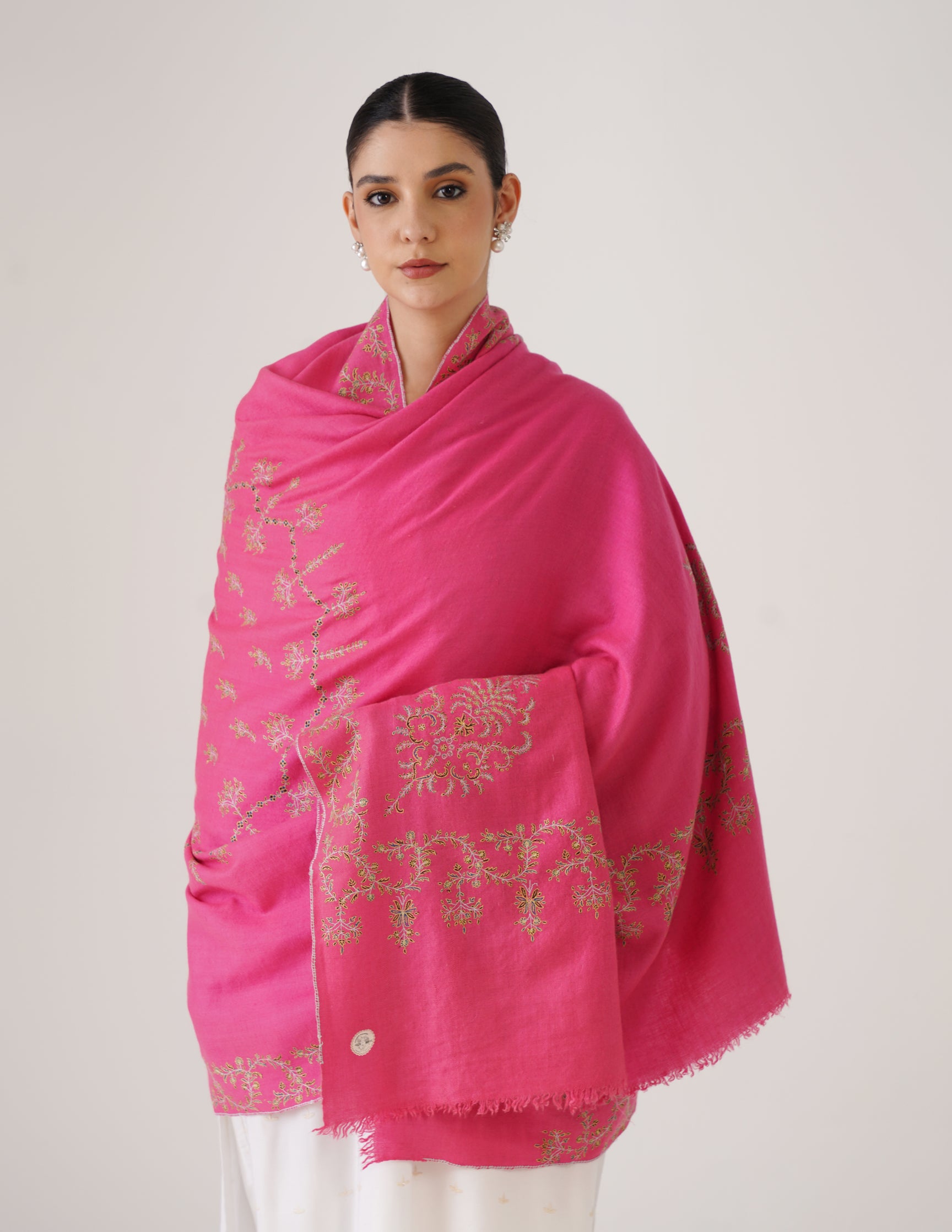 Kashmiri Handwoven Pashmina Sozni Shawl Doredaar – Pink | Handwoven Heritage - Kashmir Box
