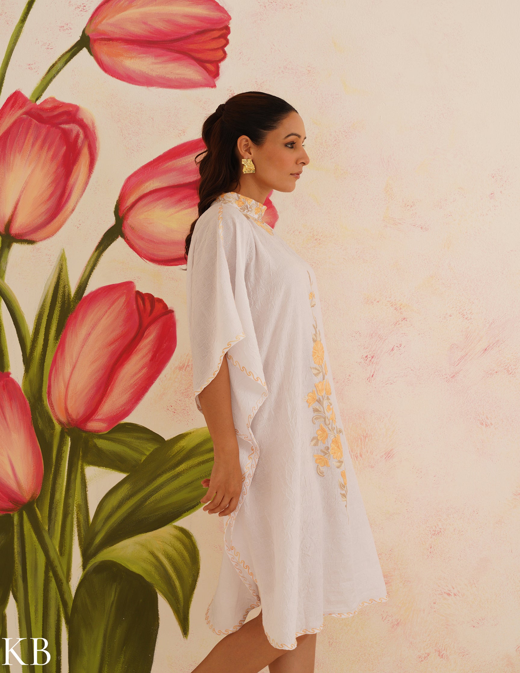 Pure White Aari Embroidered Cotton Kaftan Dress | Comfortable Loose-Fit Summer Dress | Elegant Ethnic Wear - Kashmir Box