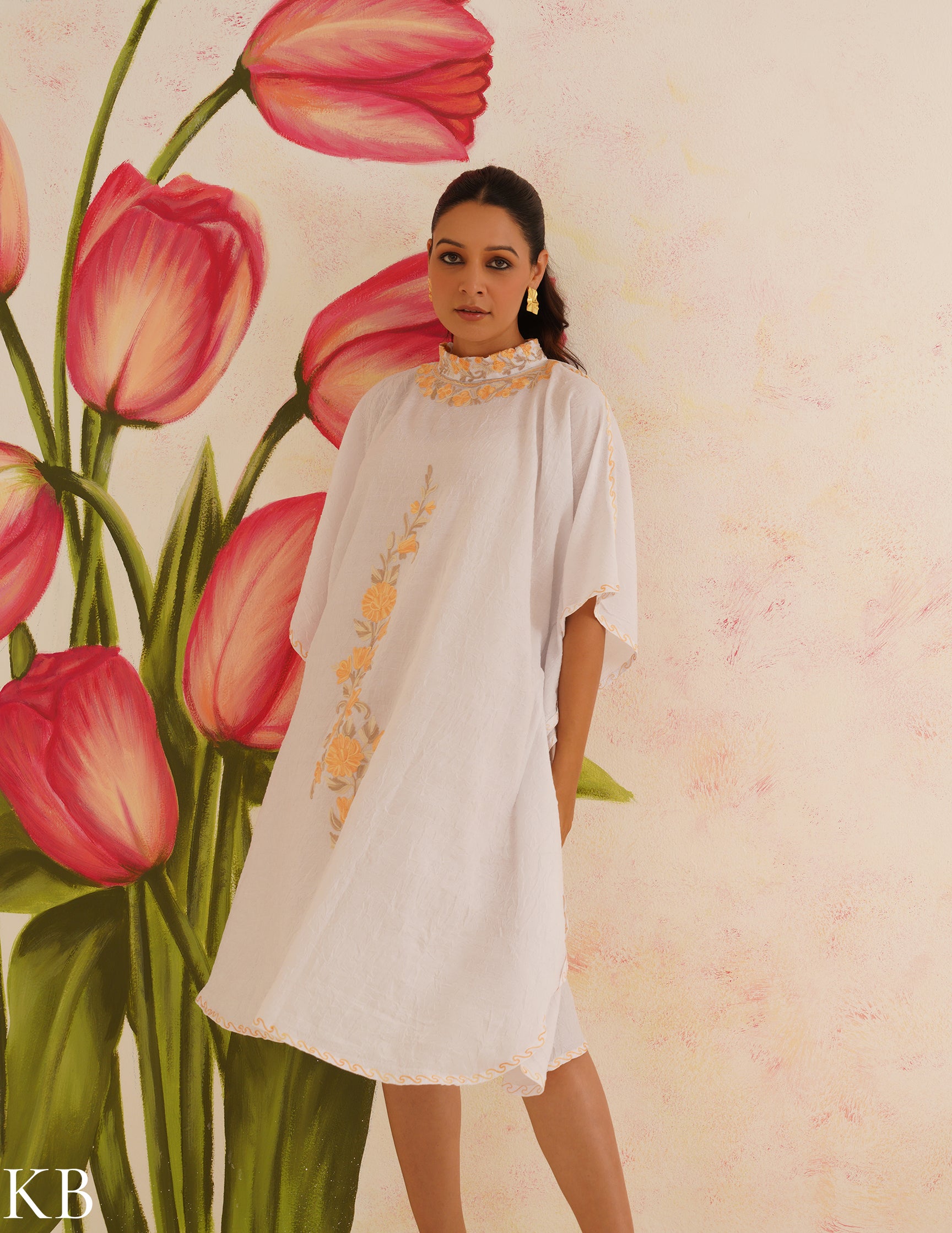 Pure White Aari Embroidered Cotton Kaftan Dress | Comfortable Loose-Fit Summer Dress | Elegant Ethnic Wear - Kashmir Box