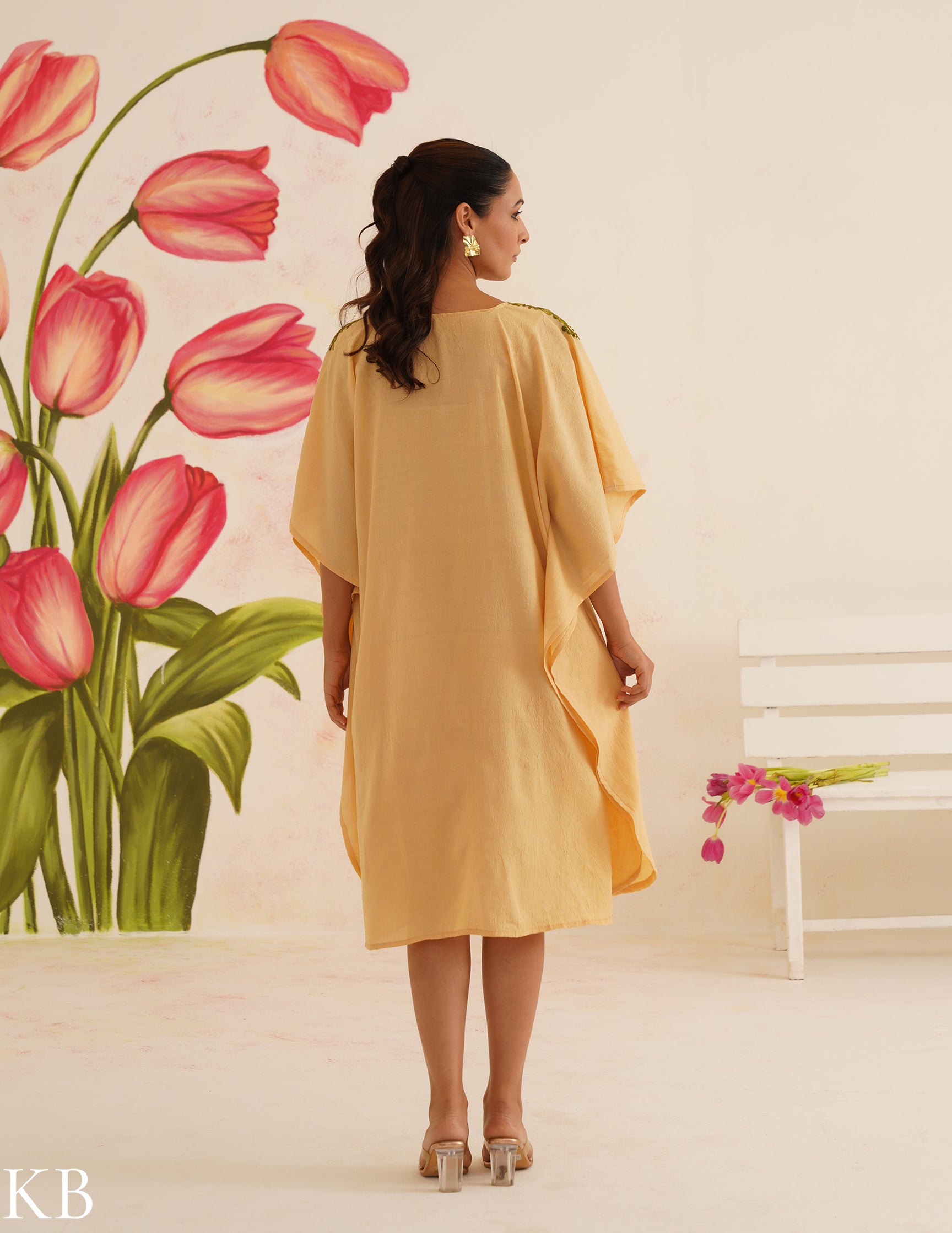 Beige Cotton Kaftan Dress with Olive Green Embroidery | Comfortable Loose-Fit | Summer Ethnic Wear - Kashmir Box