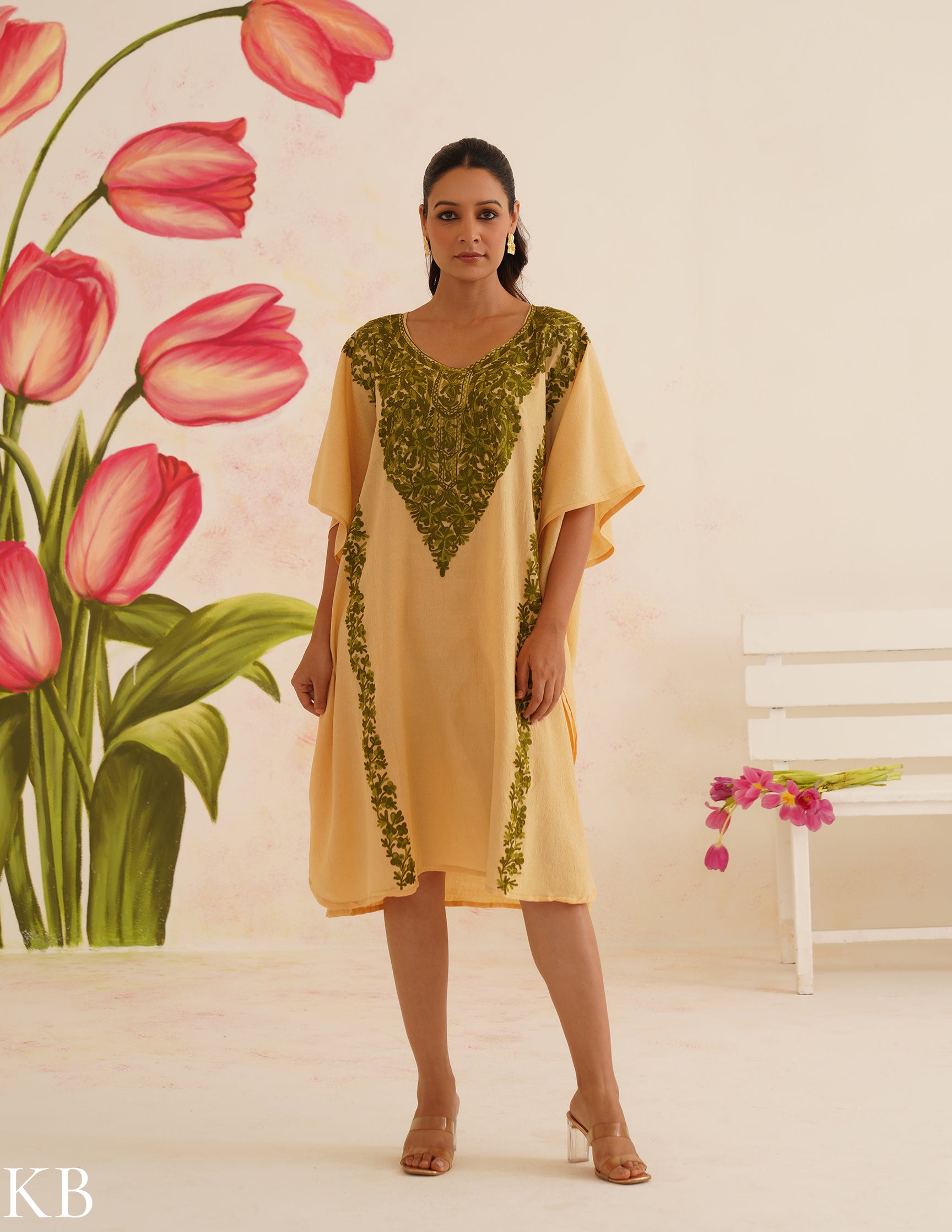 Beige Cotton Kaftan Dress with Olive Green Embroidery | Comfortable Loose-Fit | Summer Ethnic Wear - Kashmir Box