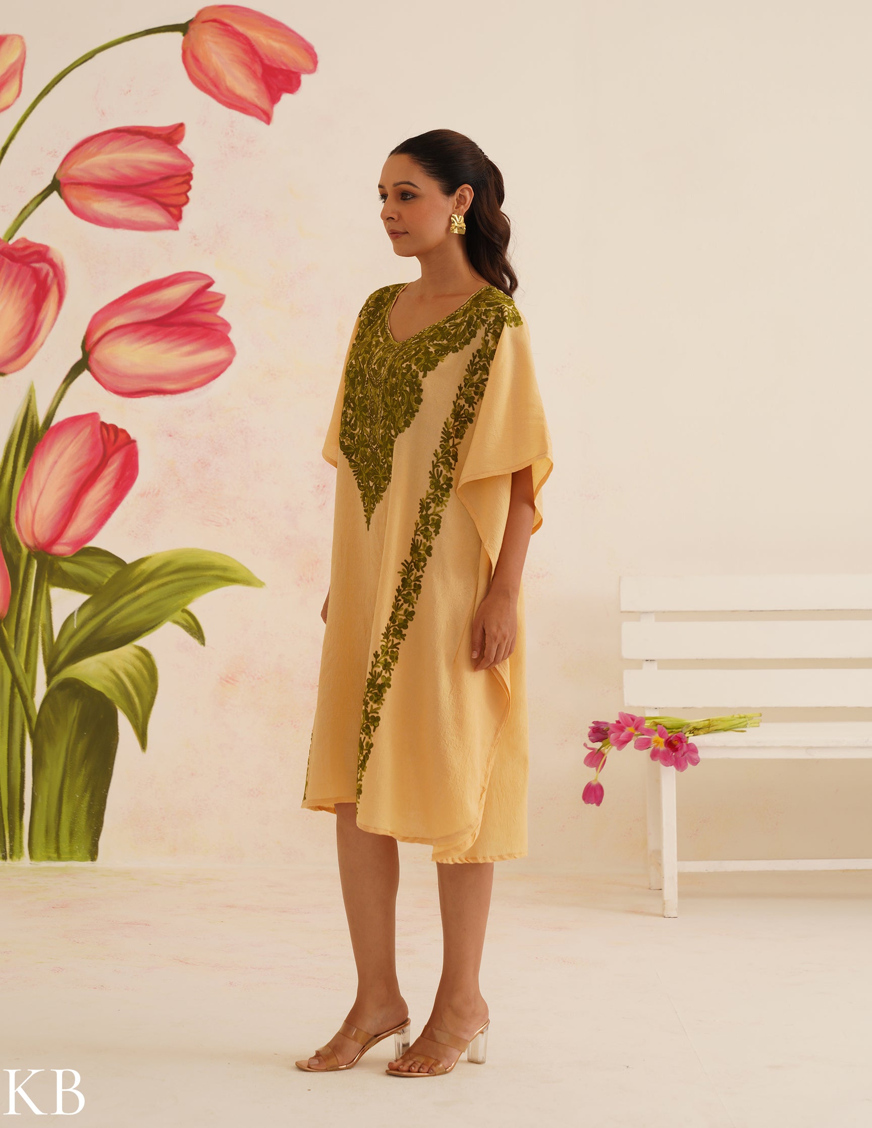 Beige Cotton Kaftan Dress with Olive Green Embroidery | Comfortable Loose-Fit | Summer Ethnic Wear - Kashmir Box