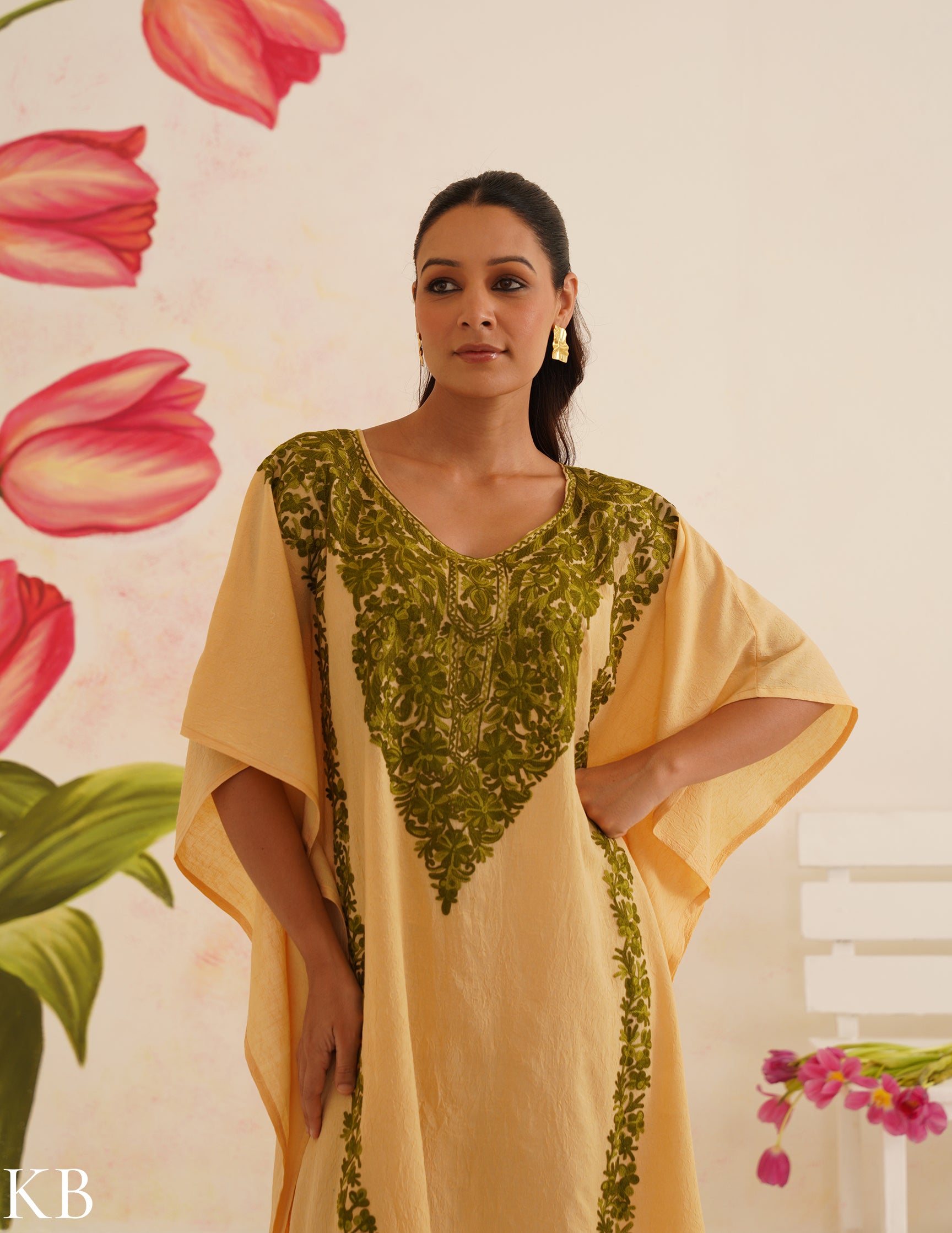 Beige Cotton Kaftan Dress with Olive Green Embroidery | Comfortable Loose-Fit | Summer Ethnic Wear - Kashmir Box