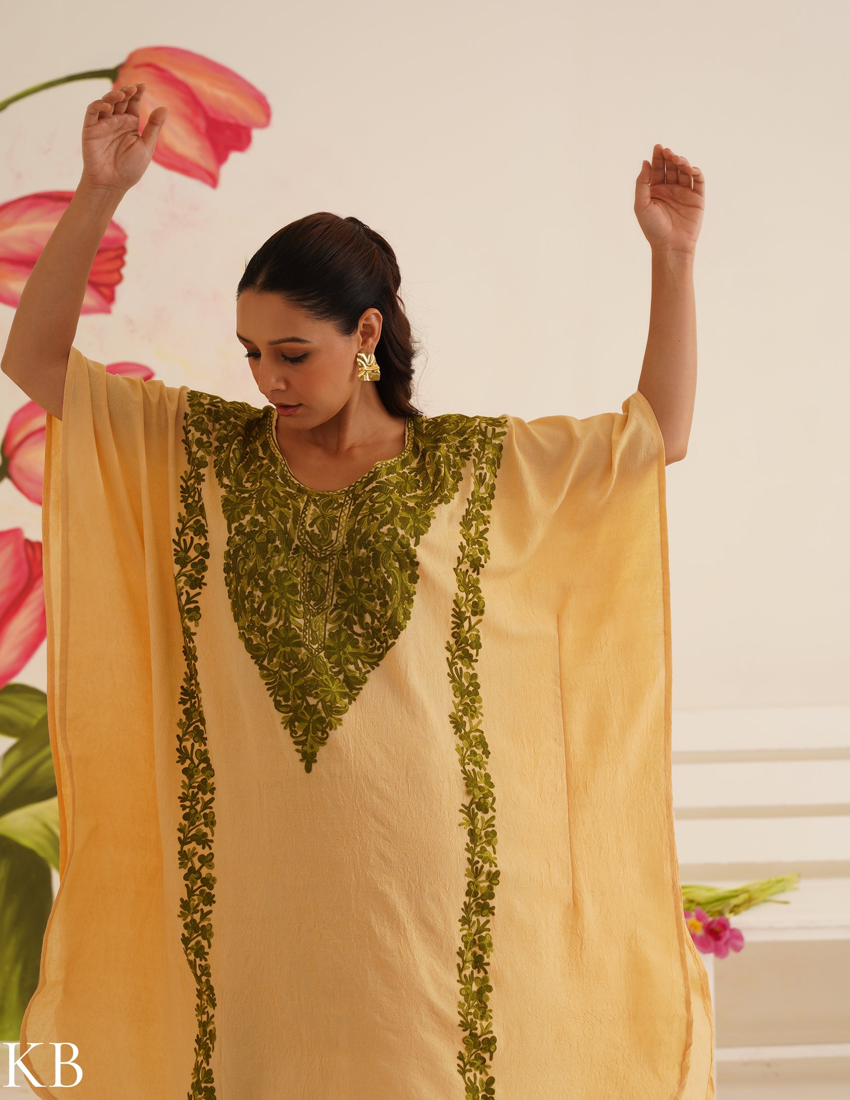 Beige Cotton Kaftan Dress with Olive Green Embroidery | Comfortable Loose-Fit | Summer Ethnic Wear - Kashmir Box