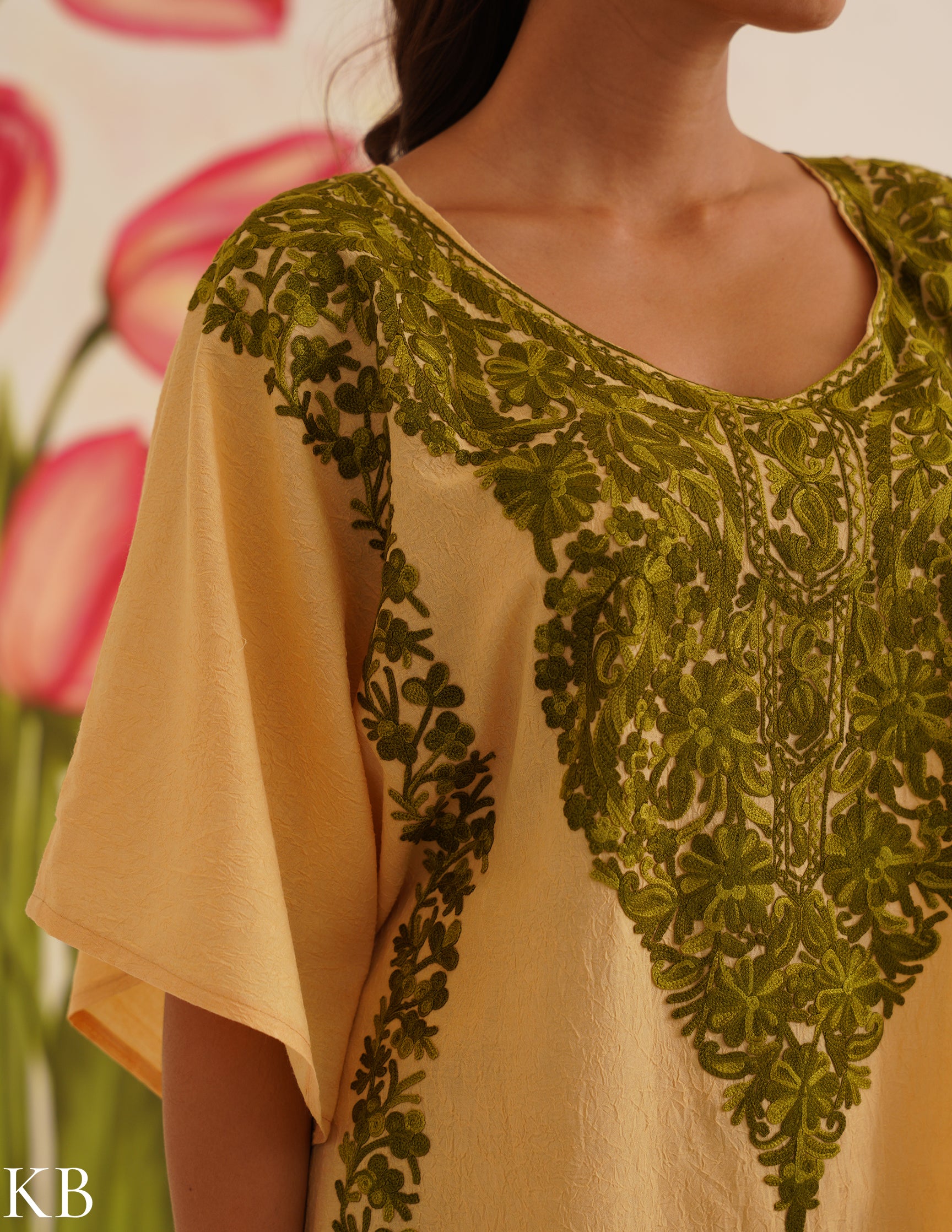 Beige Cotton Kaftan Dress with Olive Green Embroidery | Comfortable Loose-Fit | Summer Ethnic Wear - Kashmir Box