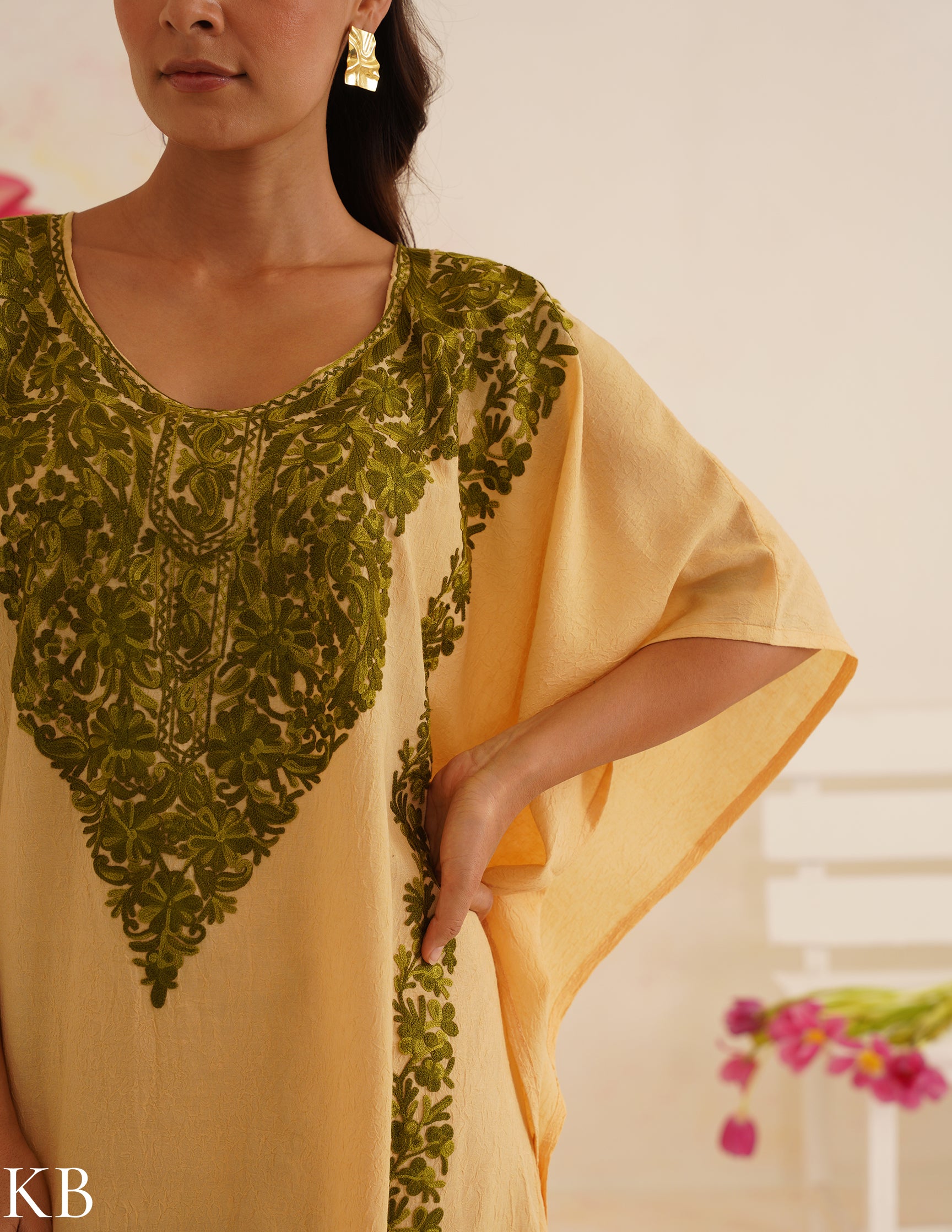 Beige Cotton Kaftan Dress with Olive Green Embroidery | Comfortable Loose-Fit | Summer Ethnic Wear - Kashmir Box