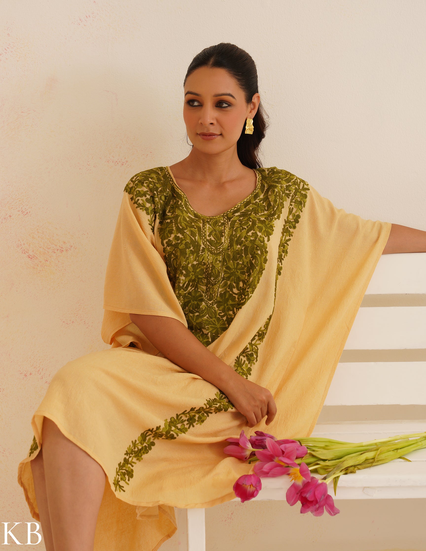 Beige Cotton Kaftan Dress with Olive Green Embroidery | Comfortable Loose-Fit | Summer Ethnic Wear - Kashmir Box