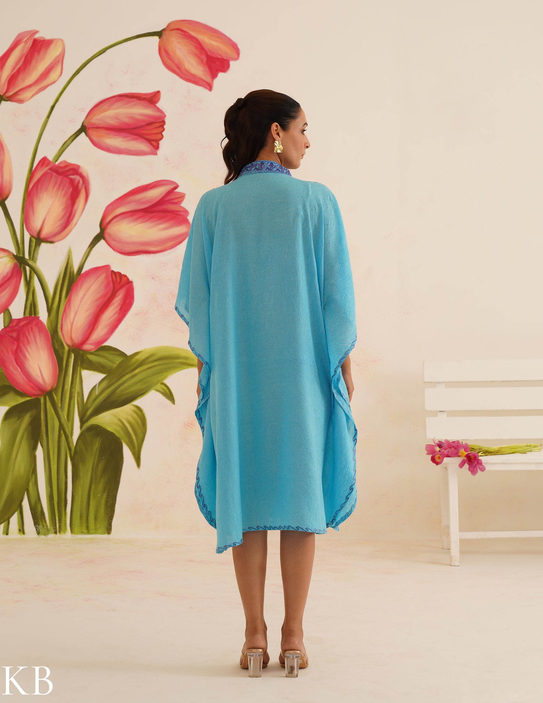 Turquoise Blue Cotton Kaftan Dress | Purple Aari Embroidered | Comfortable Summer Ethnic Wear - Kashmir Box