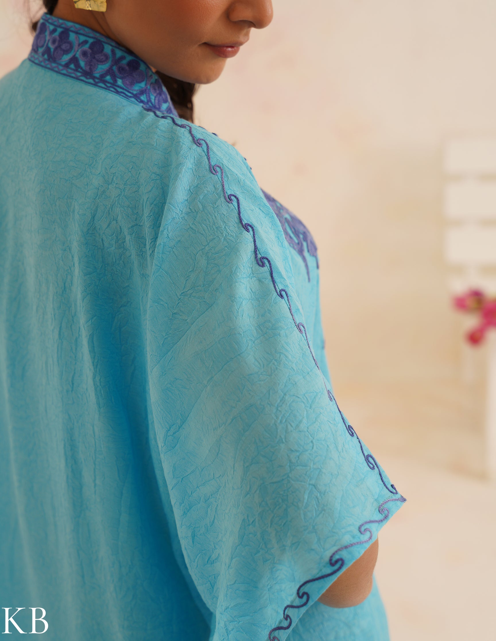 Turquoise Blue Cotton Kaftan Dress | Purple Aari Embroidered | Comfortable Summer Ethnic Wear - Kashmir Box