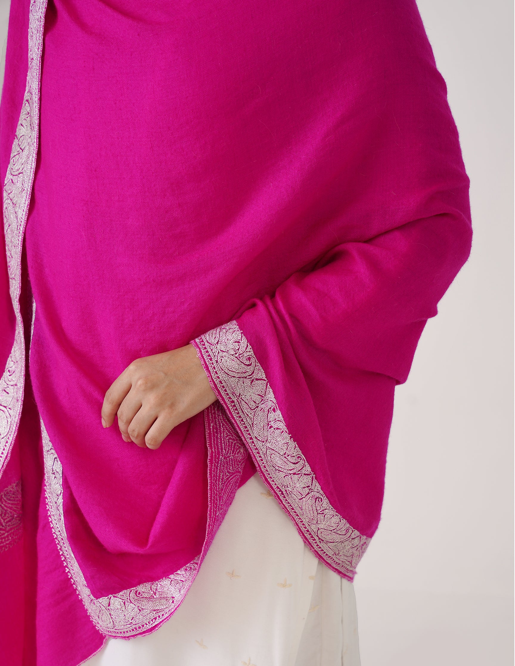 Kashmiri Handwoven Pashmina Tilla Shawl Neemdore – Pink & Silver | Handwoven Heritage - Kashmir Box