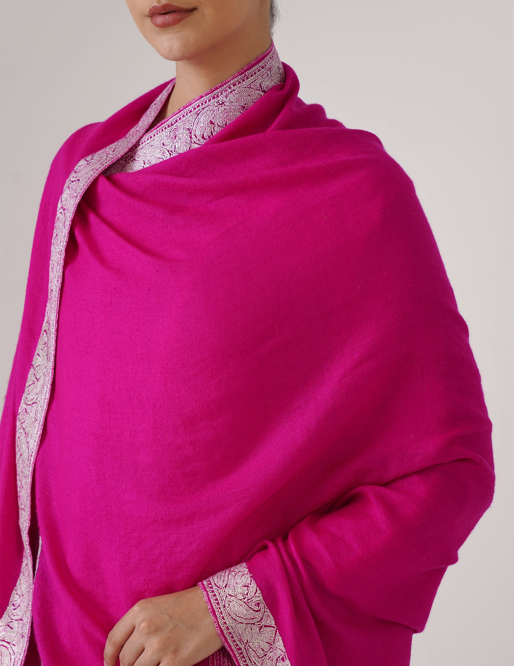 Kashmiri Handwoven Pashmina Tilla Shawl Neemdore – Pink & Silver | Handwoven Heritage - Kashmir Box