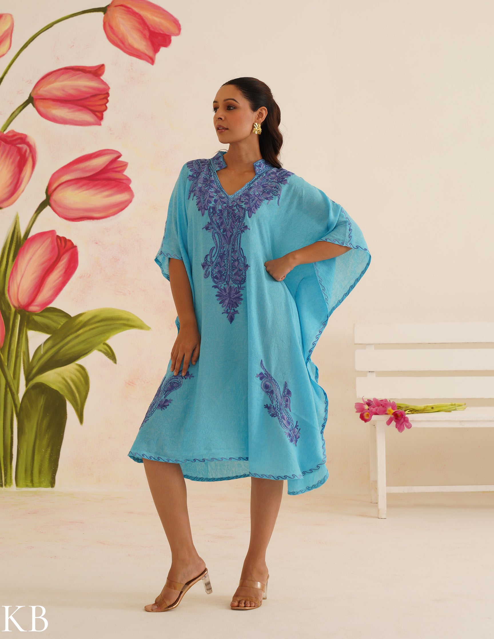 Turquoise Blue Cotton Kaftan Dress | Purple Aari Embroidered | Comfortable Summer Ethnic Wear - Kashmir Box