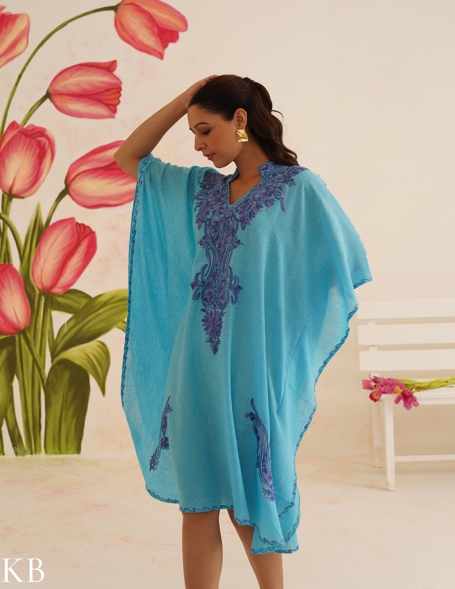 Turquoise Blue Cotton Kaftan Dress | Purple Aari Embroidered | Comfortable Summer Ethnic Wear - Kashmir Box