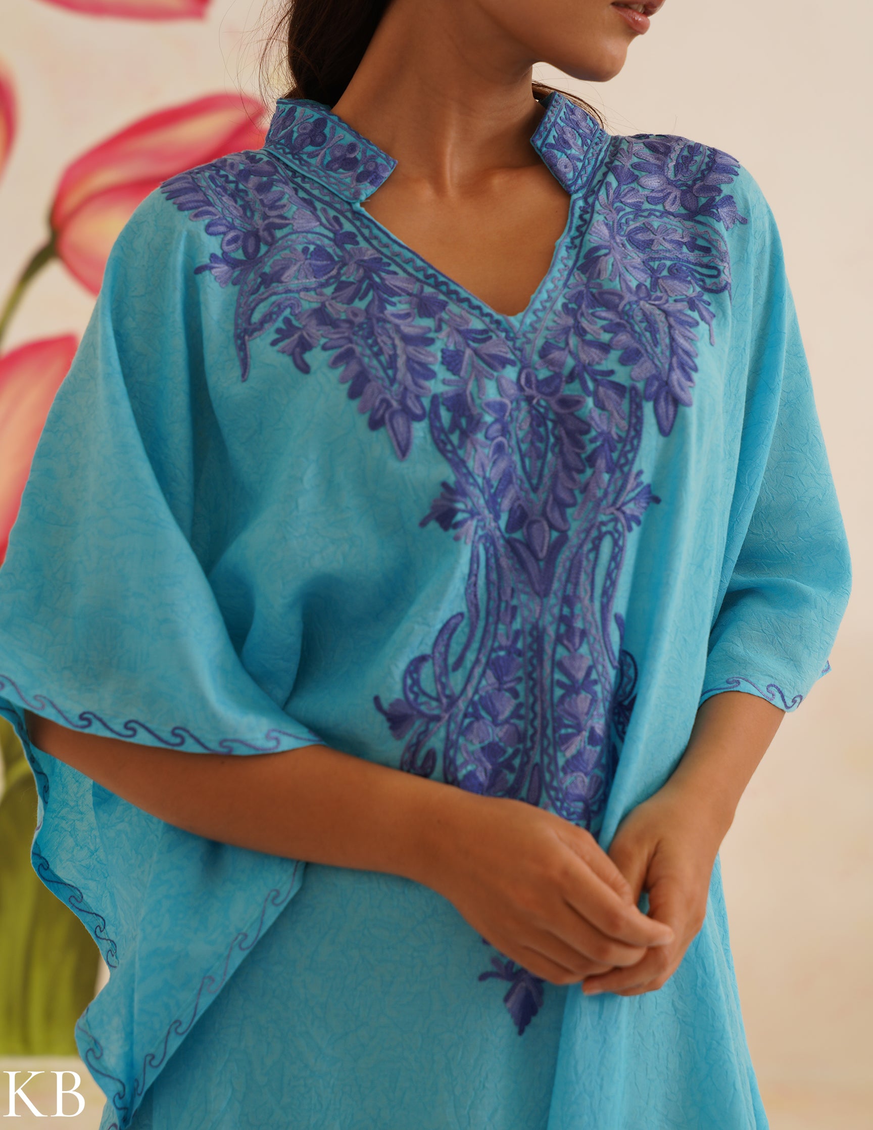 Turquoise Blue Cotton Kaftan Dress | Purple Aari Embroidered | Comfortable Summer Ethnic Wear - Kashmir Box