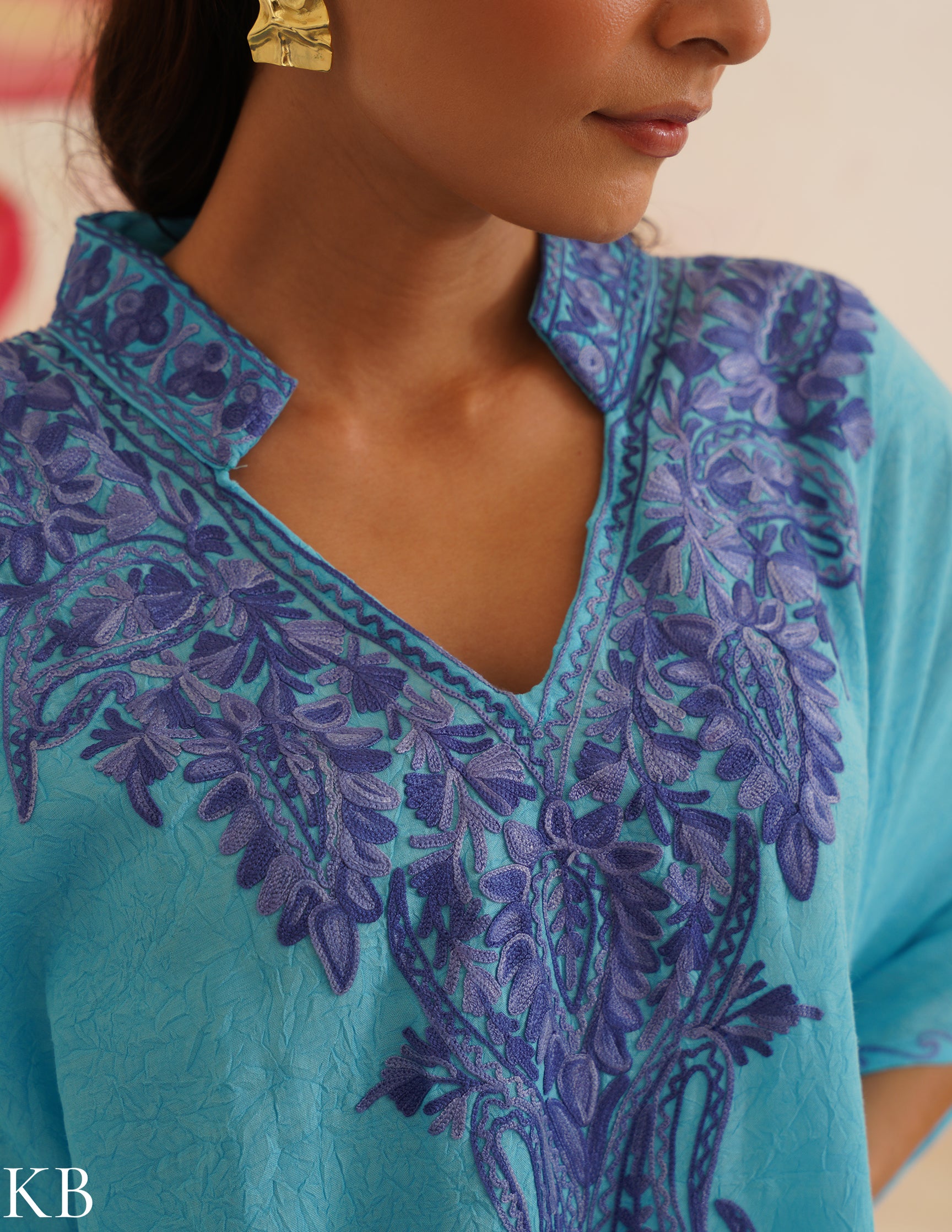 Turquoise Blue Cotton Kaftan Dress | Purple Aari Embroidered | Comfortable Summer Ethnic Wear - Kashmir Box