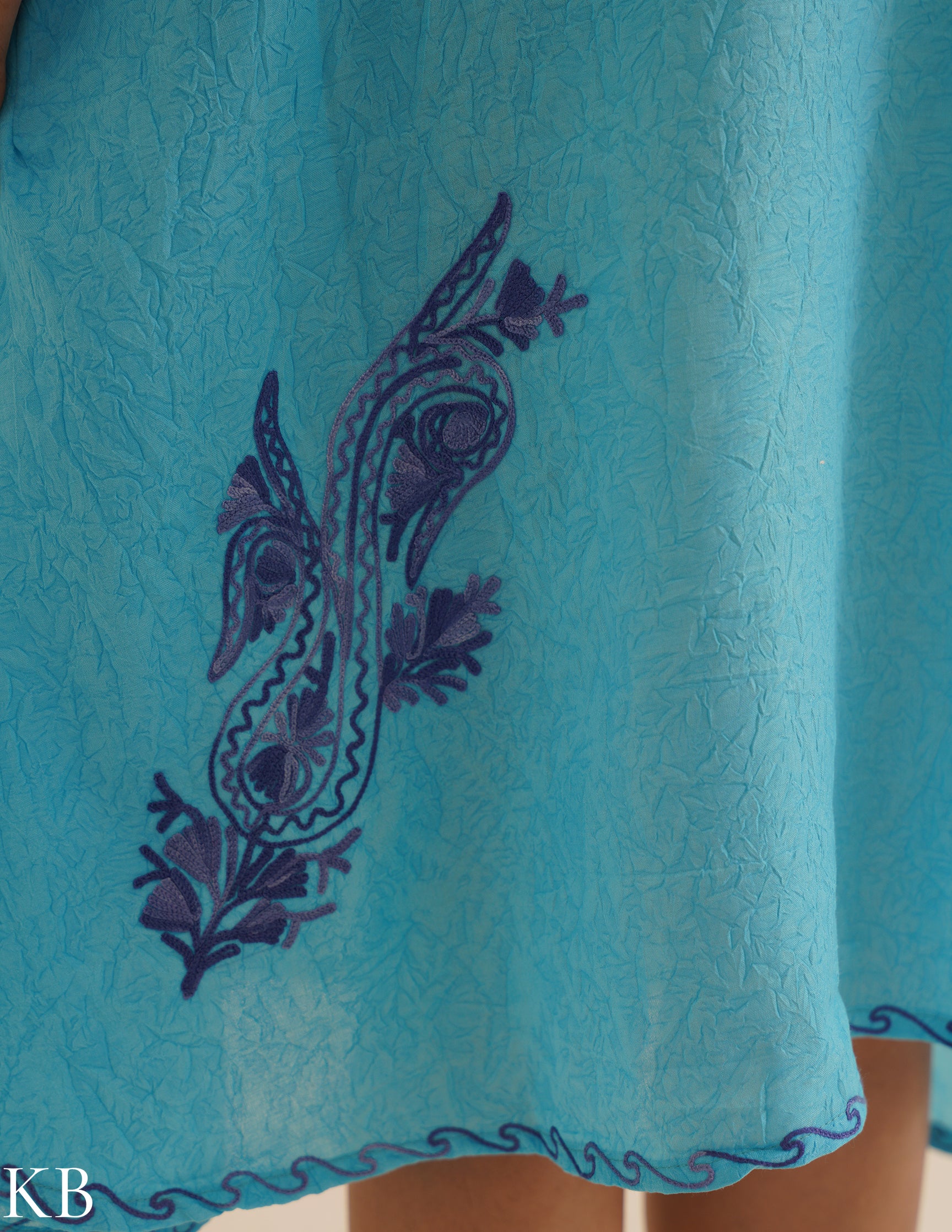 Turquoise Blue Cotton Kaftan Dress | Purple Aari Embroidered | Comfortable Summer Ethnic Wear - Kashmir Box
