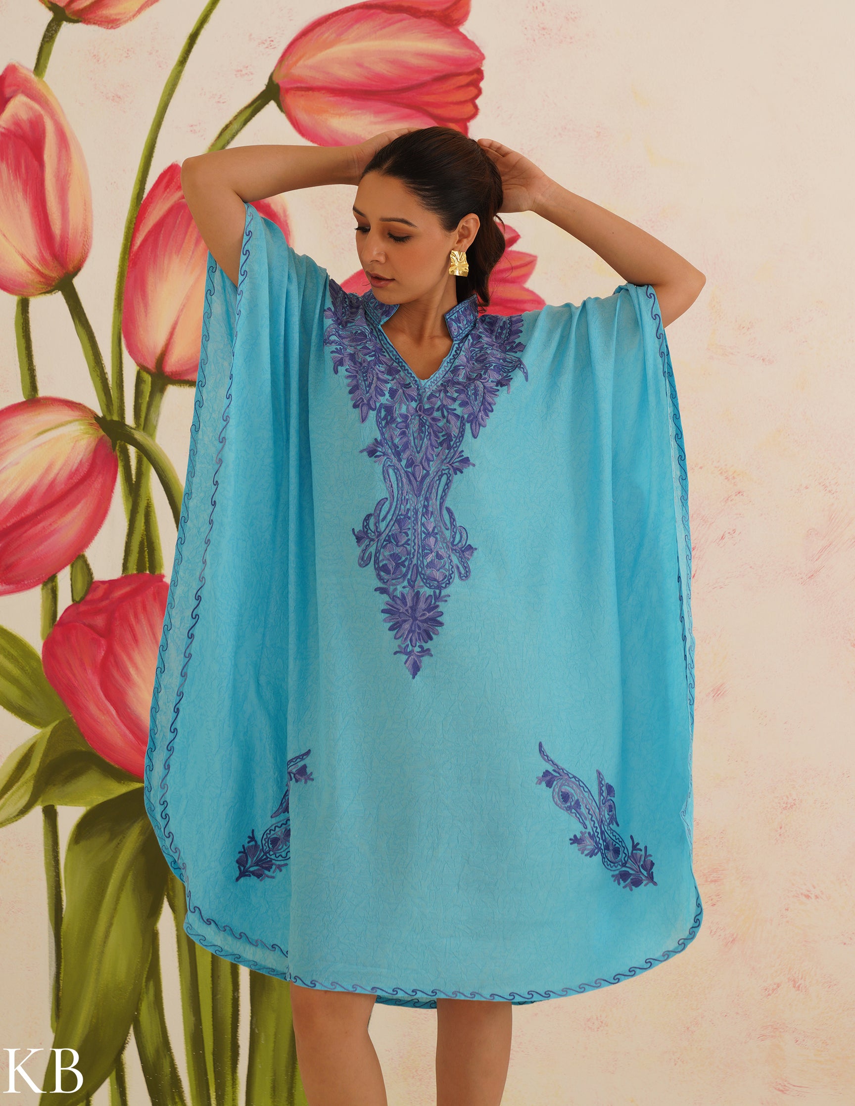 Turquoise Blue Cotton Kaftan Dress | Purple Aari Embroidered | Comfortable Summer Ethnic Wear - Kashmir Box